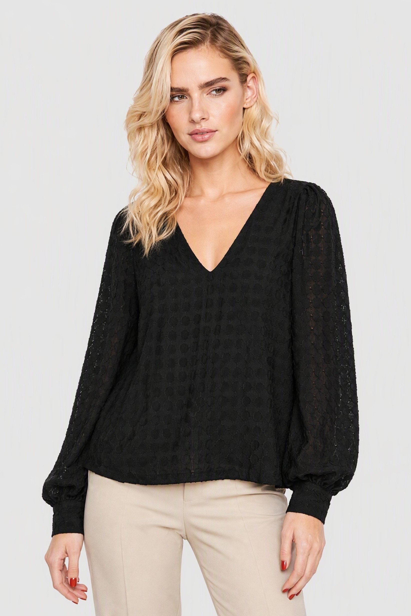 Women V Neck Long Sleeve Textured Blouse, Black