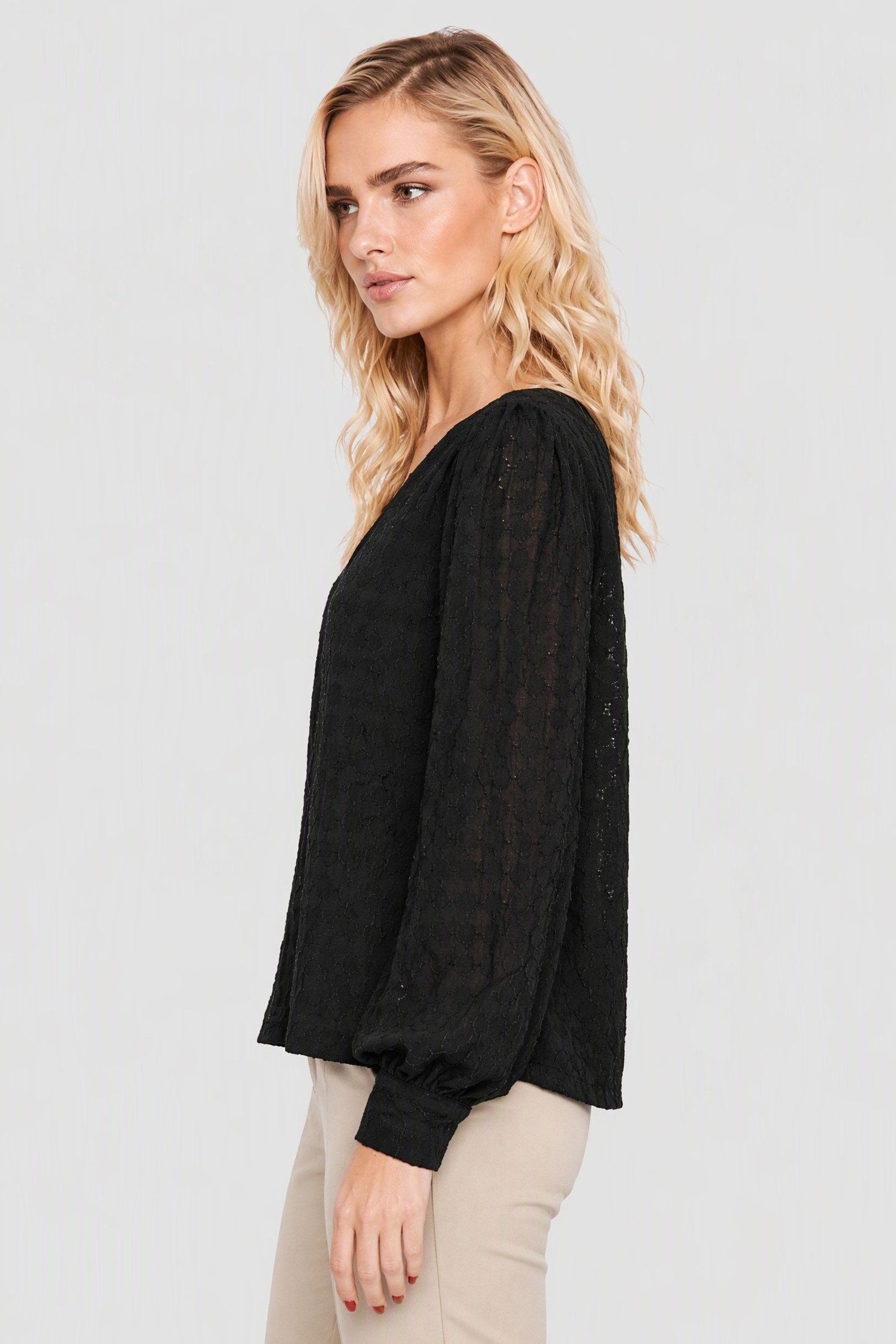 Women V Neck Long Sleeve Textured Blouse, Black