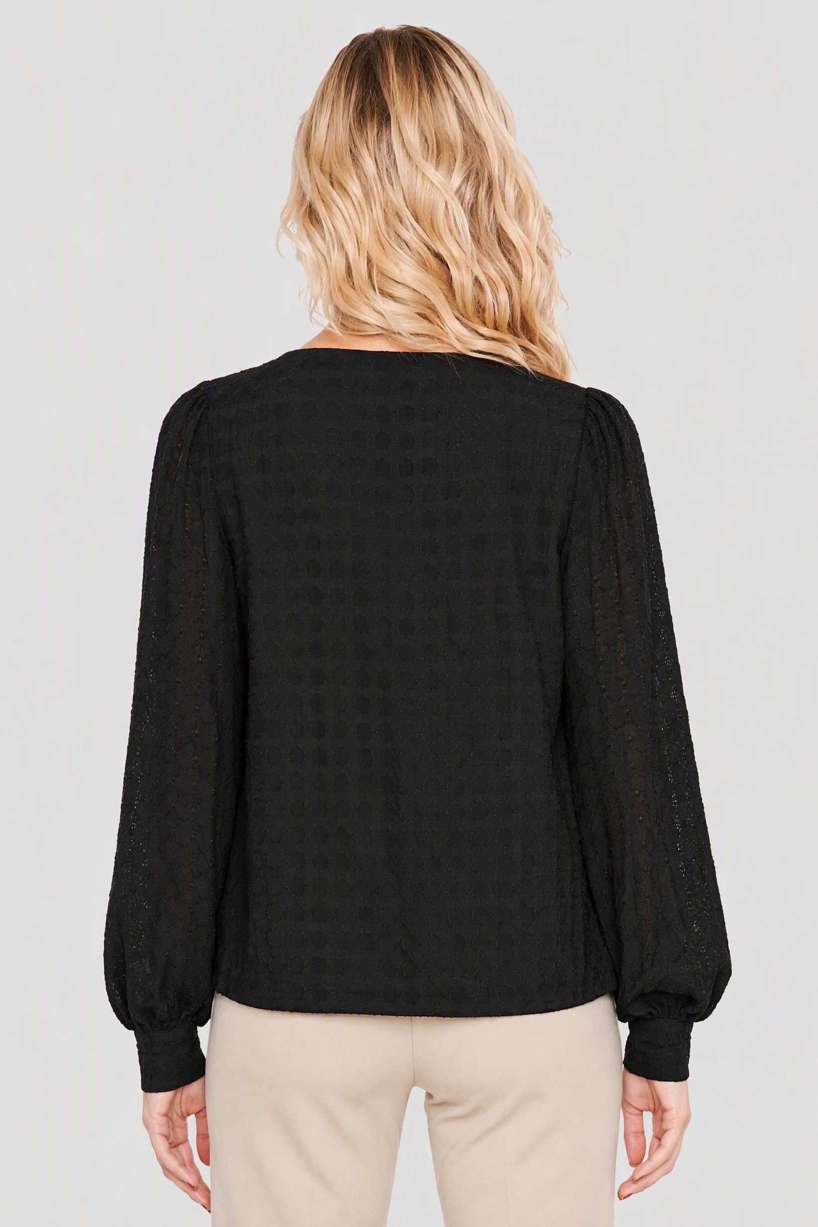 Women V Neck Long Sleeve Textured Blouse, Black
