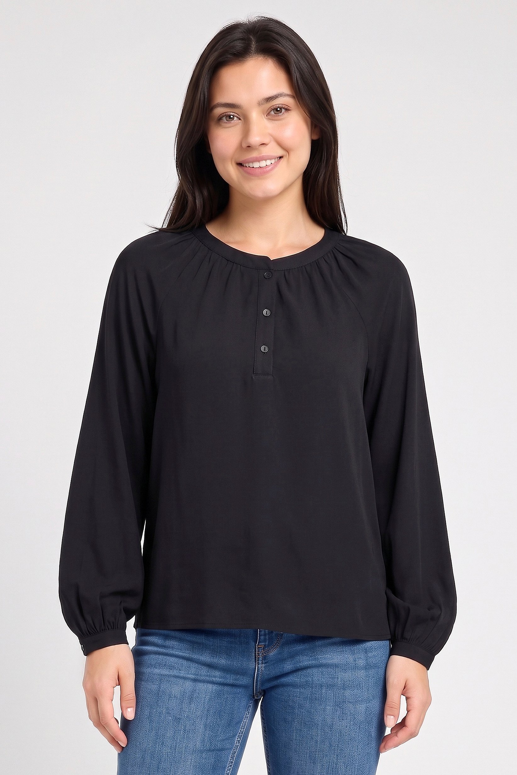 Women Crew Neck Long Sleeve Plain Blouse, Black
