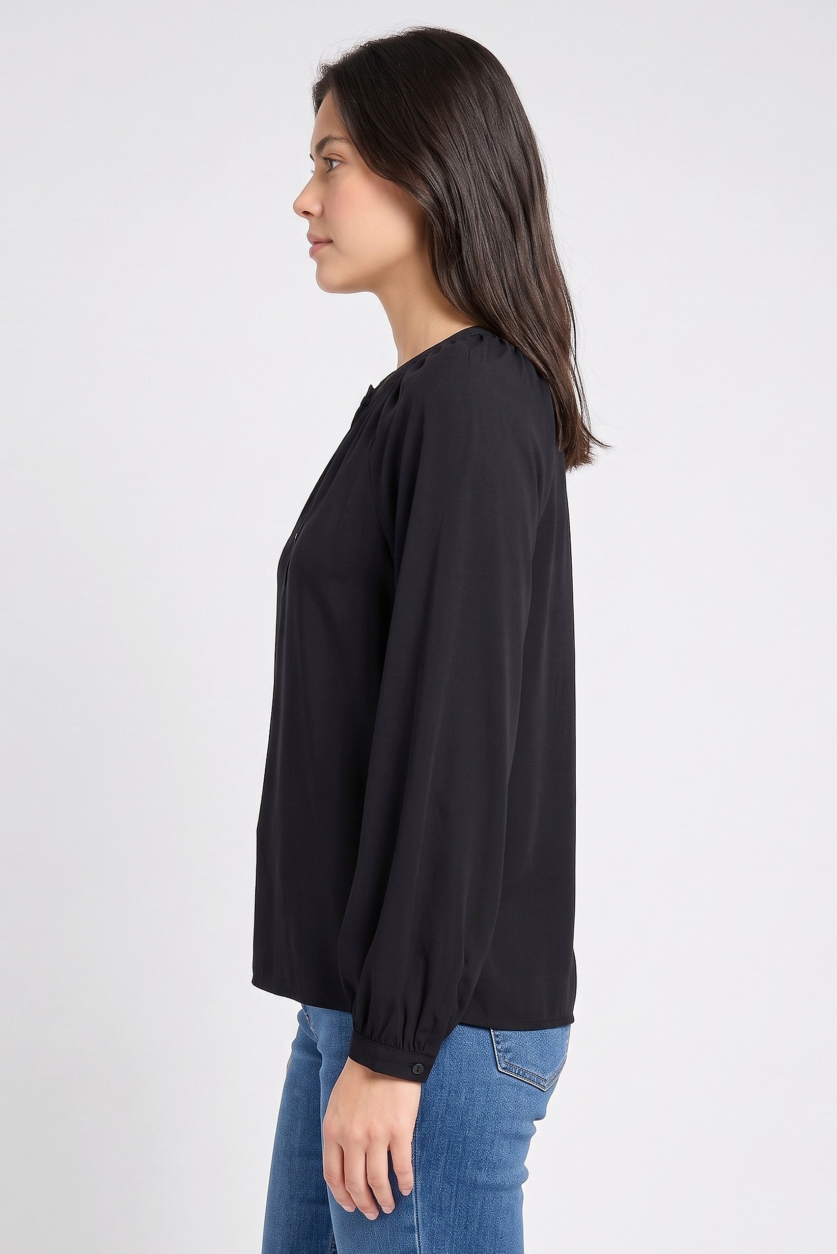 Women Crew Neck Long Sleeve Plain Blouse, Black
