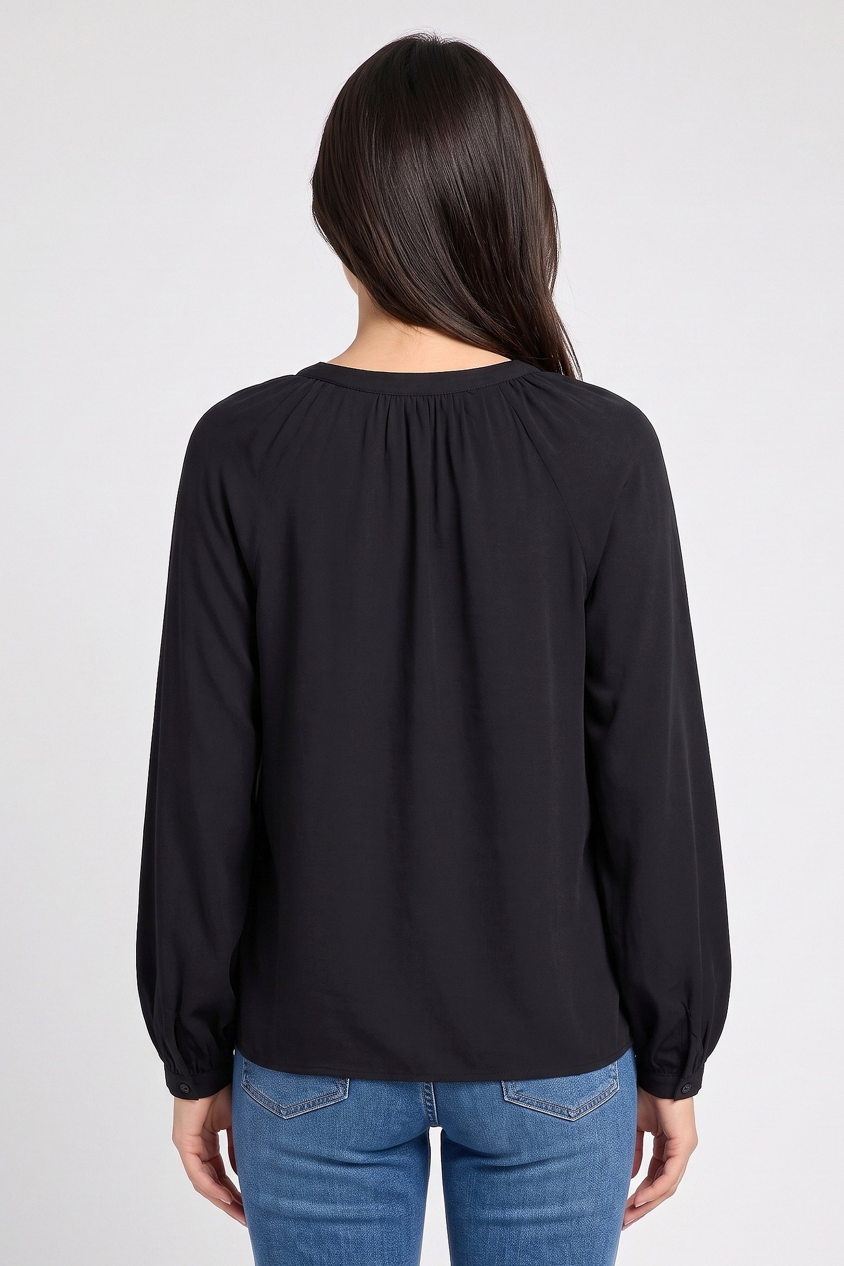 Women Crew Neck Long Sleeve Plain Blouse, Black