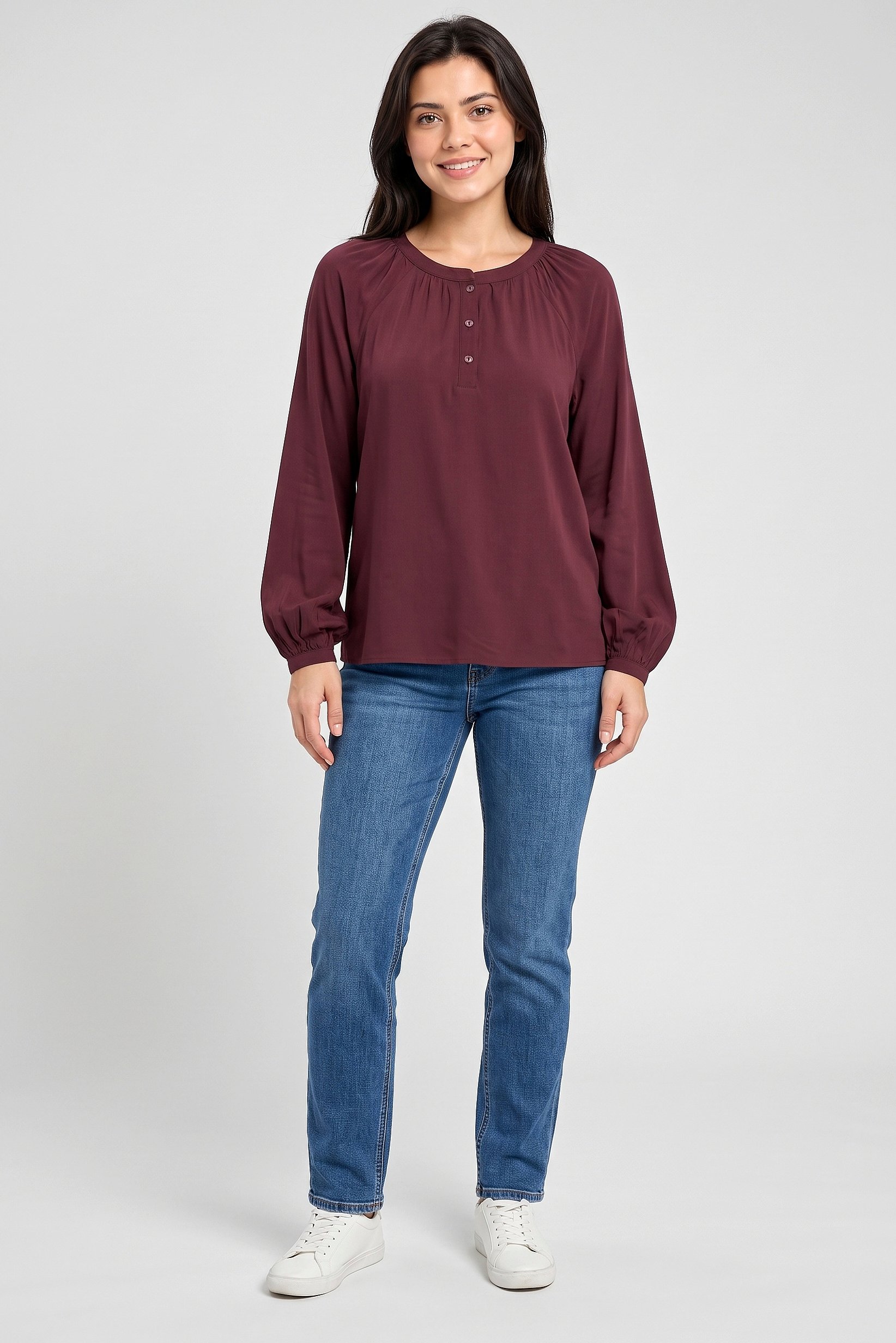 Women Crew Neck Long Sleeve Plain Blouse, Burgundy