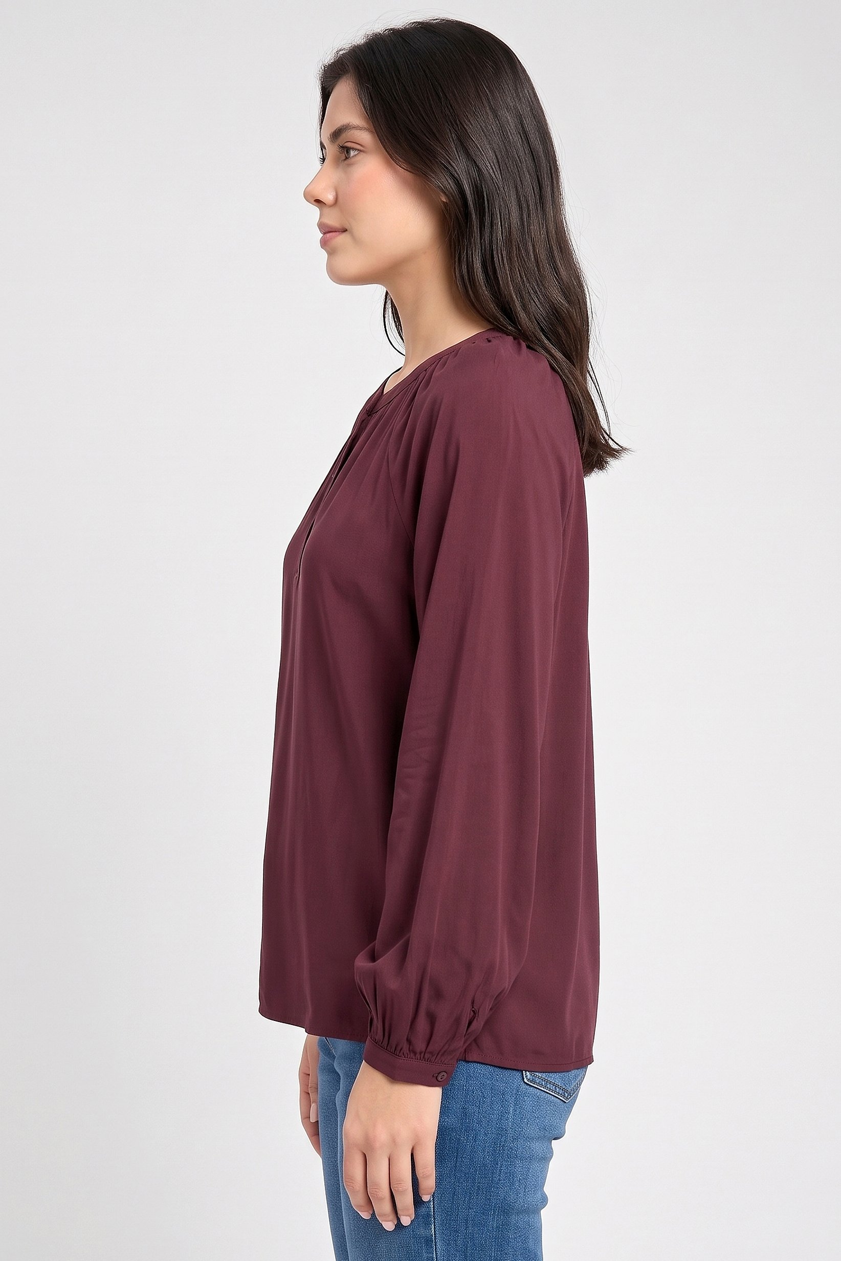 Women Crew Neck Long Sleeve Plain Blouse, Burgundy