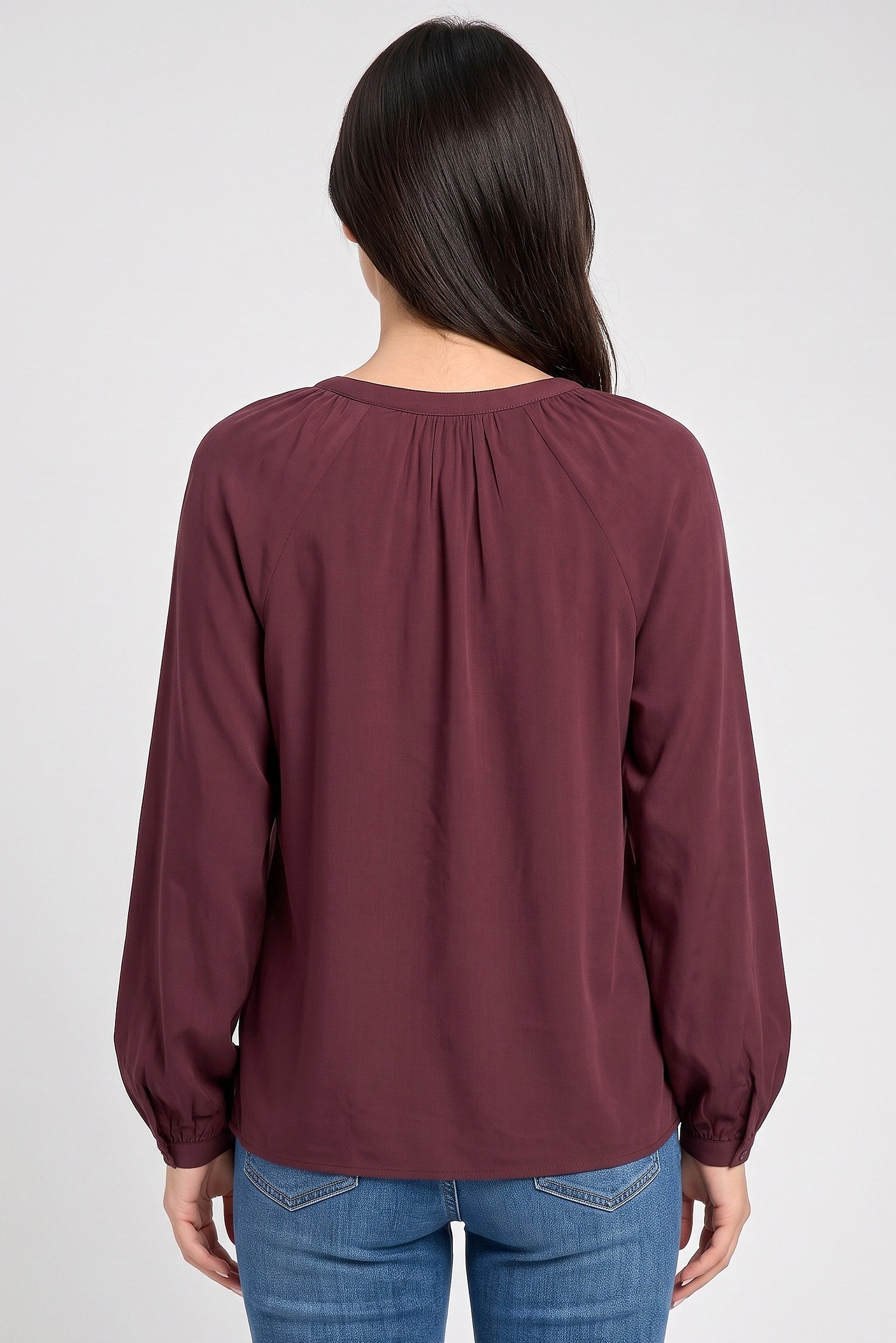 Women Crew Neck Long Sleeve Plain Blouse, Burgundy