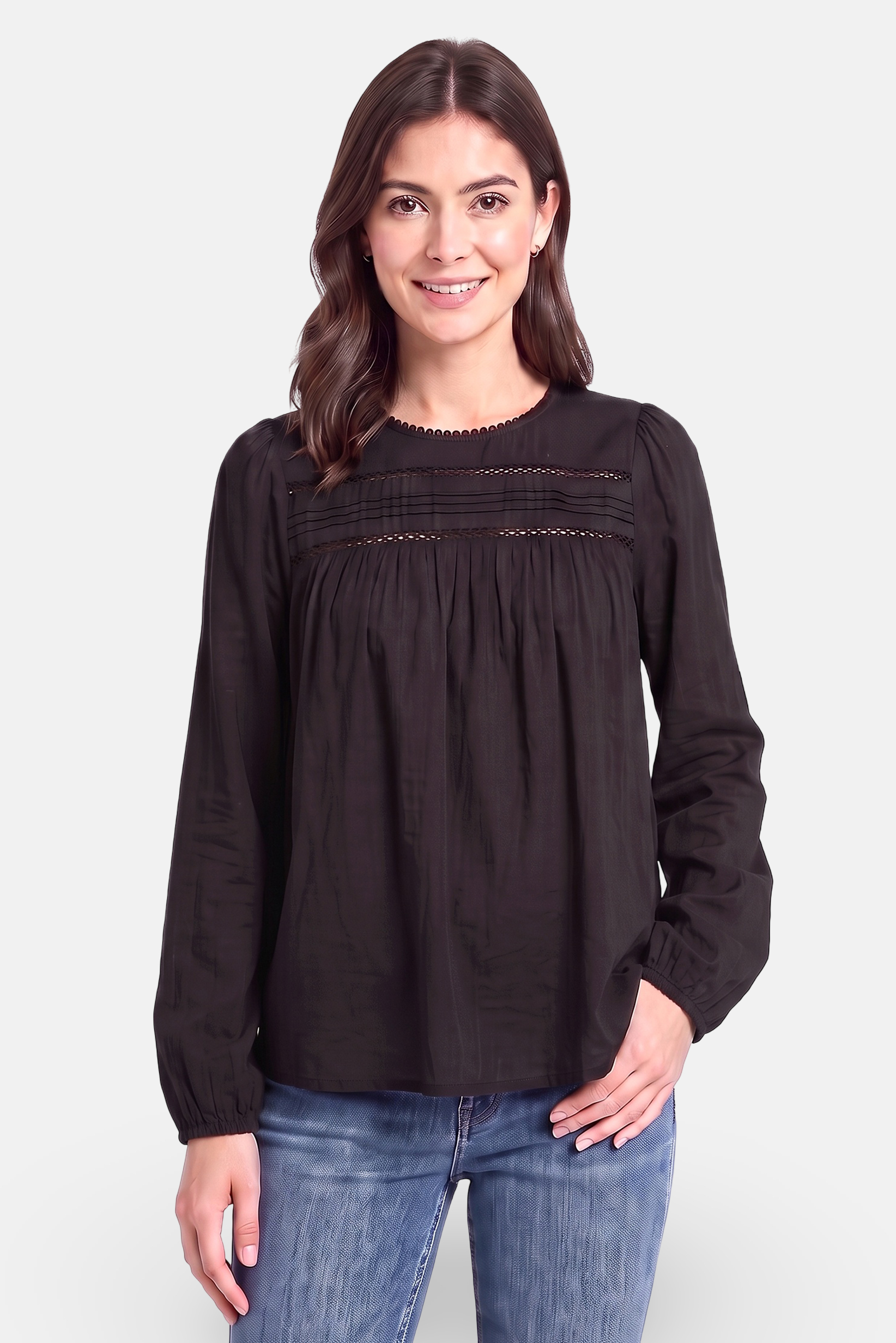 Women Crew Neck Long Sleeve Plain Blouse, Black