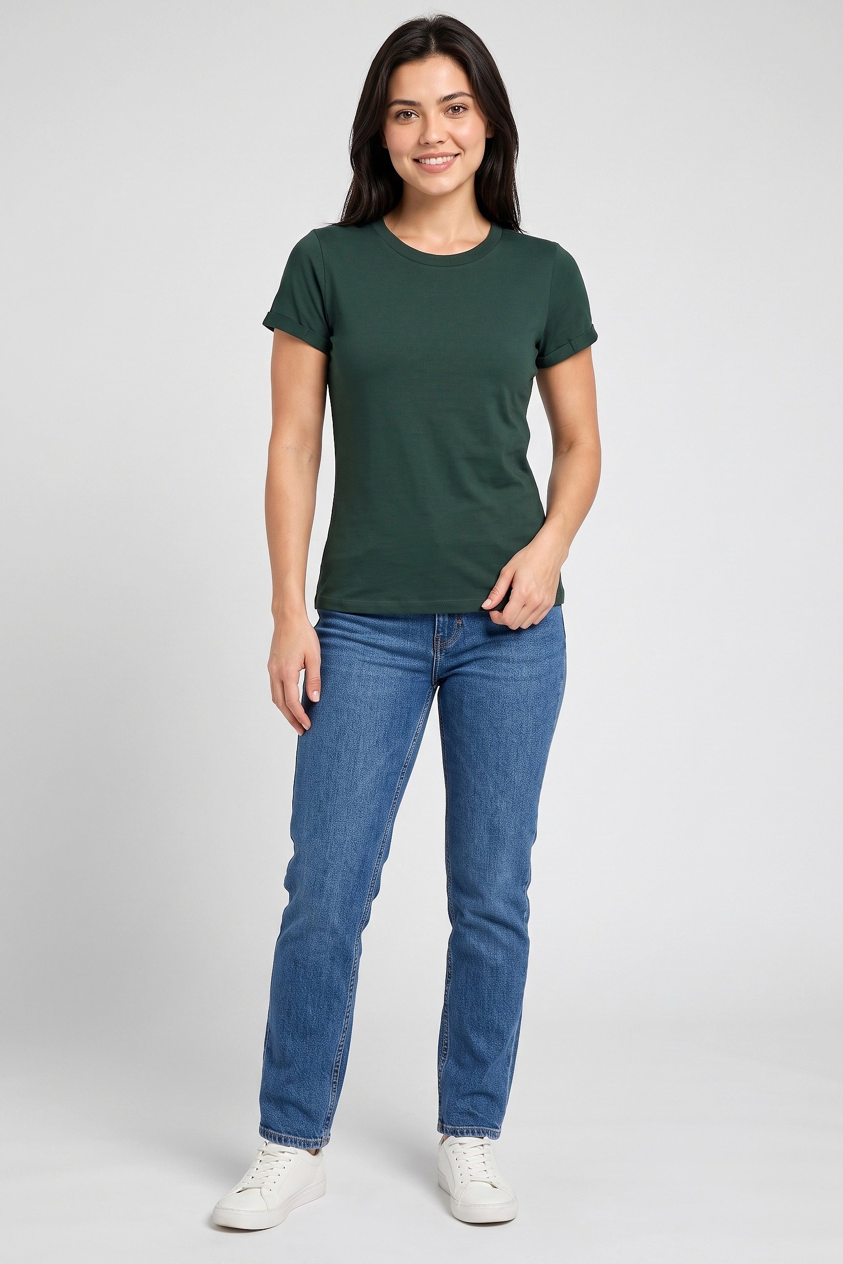 Women Crew Neck Short Sleeve Plain T-Shirt, Dark Green