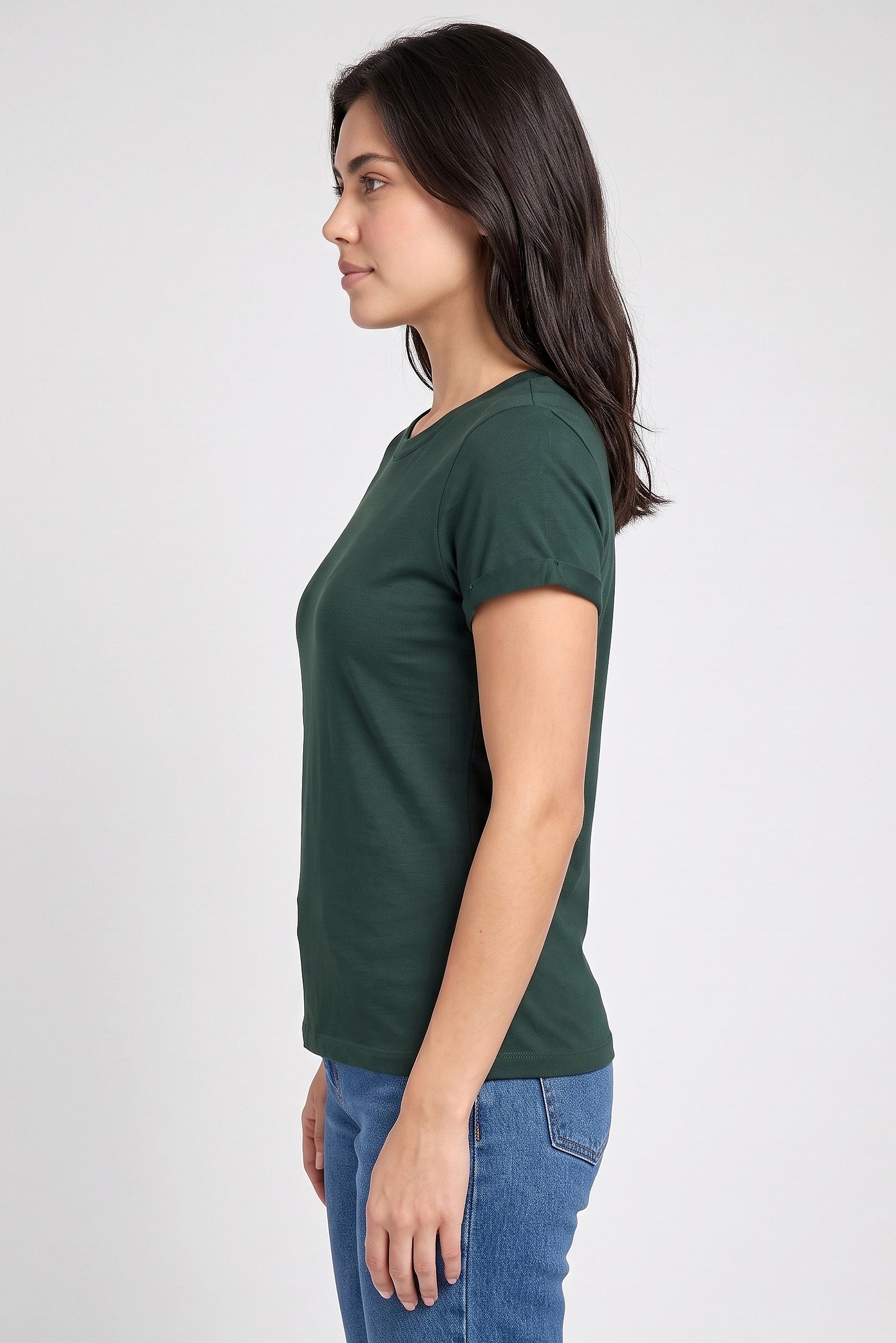 Women Crew Neck Short Sleeve Plain T-Shirt, Dark Green