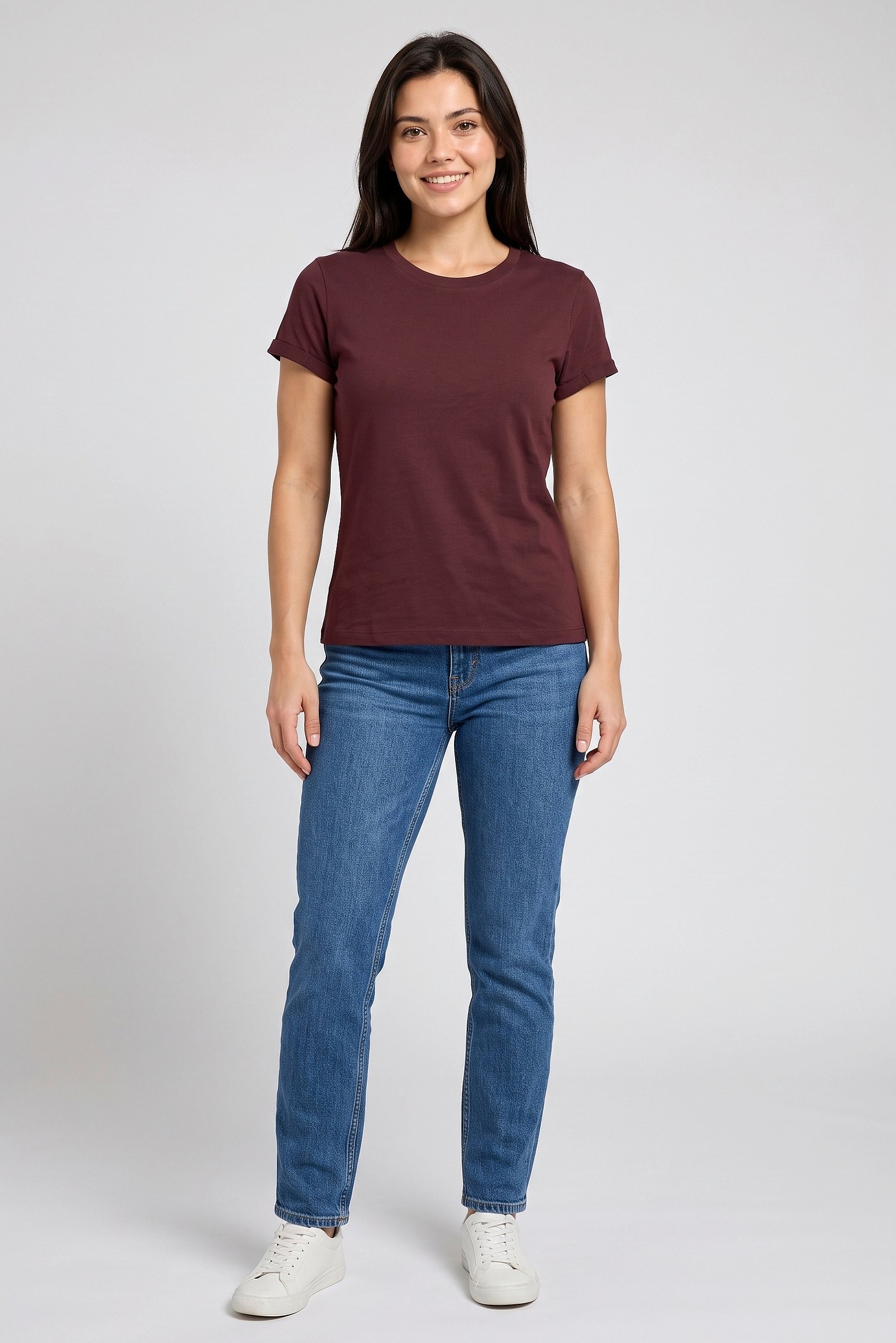 Women Crew Neck Short Sleeve Plain T-Shirt, Burgundy