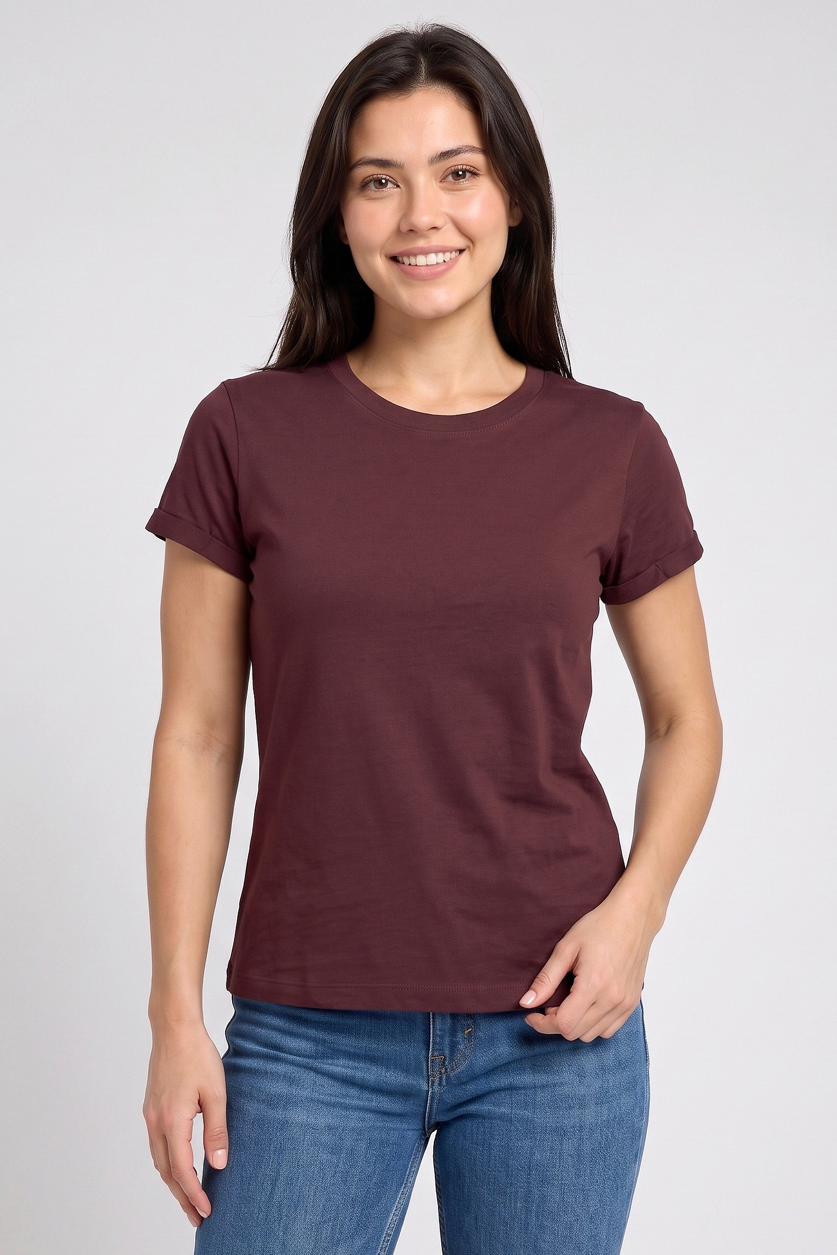 Women Crew Neck Short Sleeve Plain T-Shirt, Burgundy