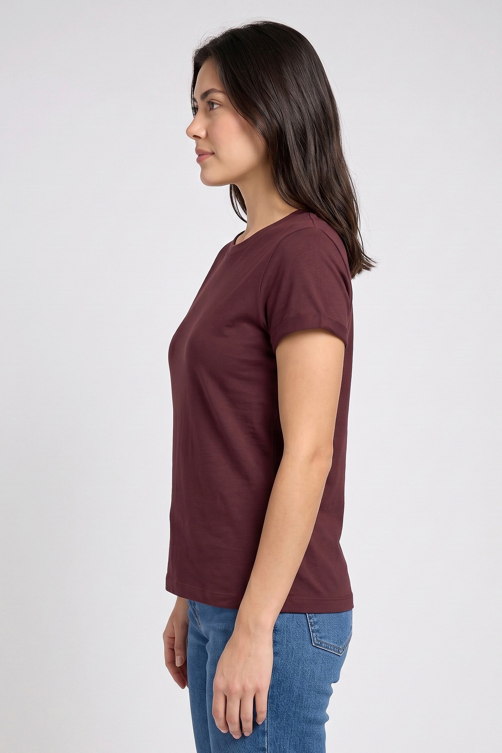 Women Crew Neck Short Sleeve Plain T-Shirt, Burgundy