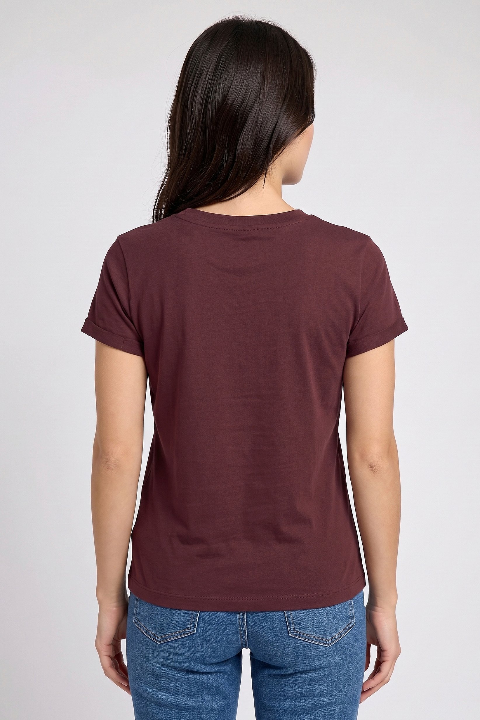 Women Crew Neck Short Sleeve Plain T-Shirt, Burgundy