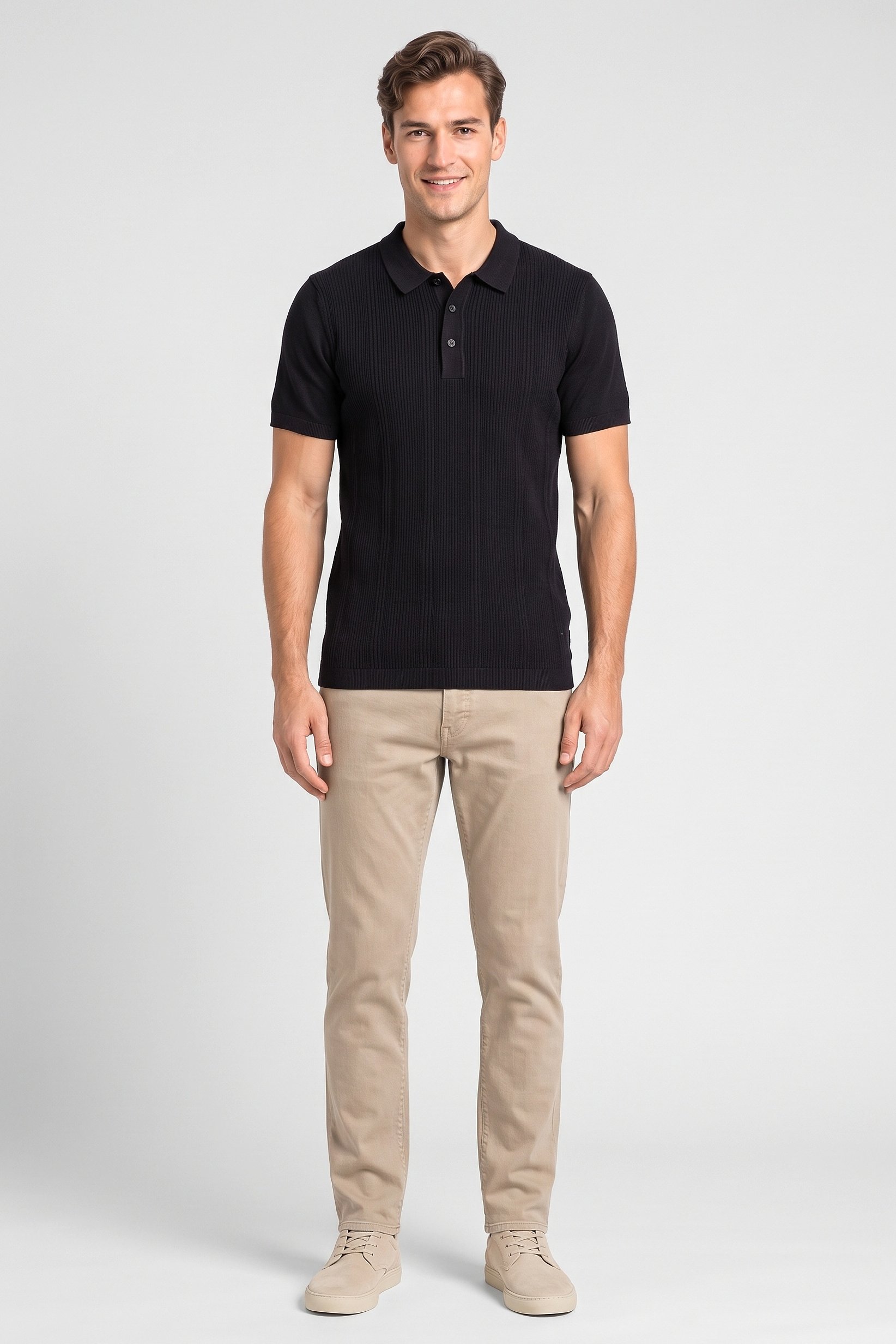 Men Regular Fit Textured Short Sleeve Polo Shirt, Black