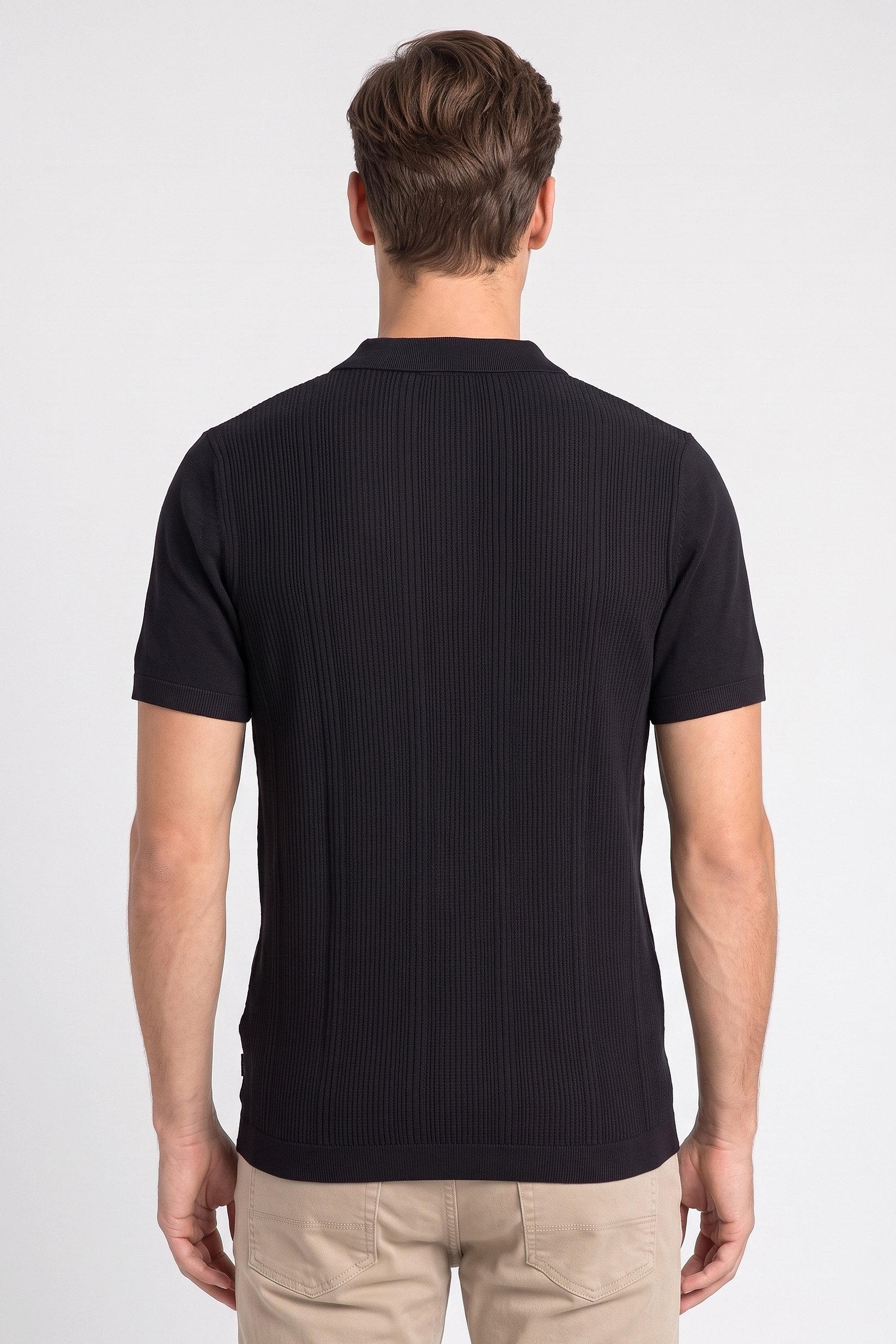 Men Regular Fit Textured Short Sleeve Polo Shirt, Black