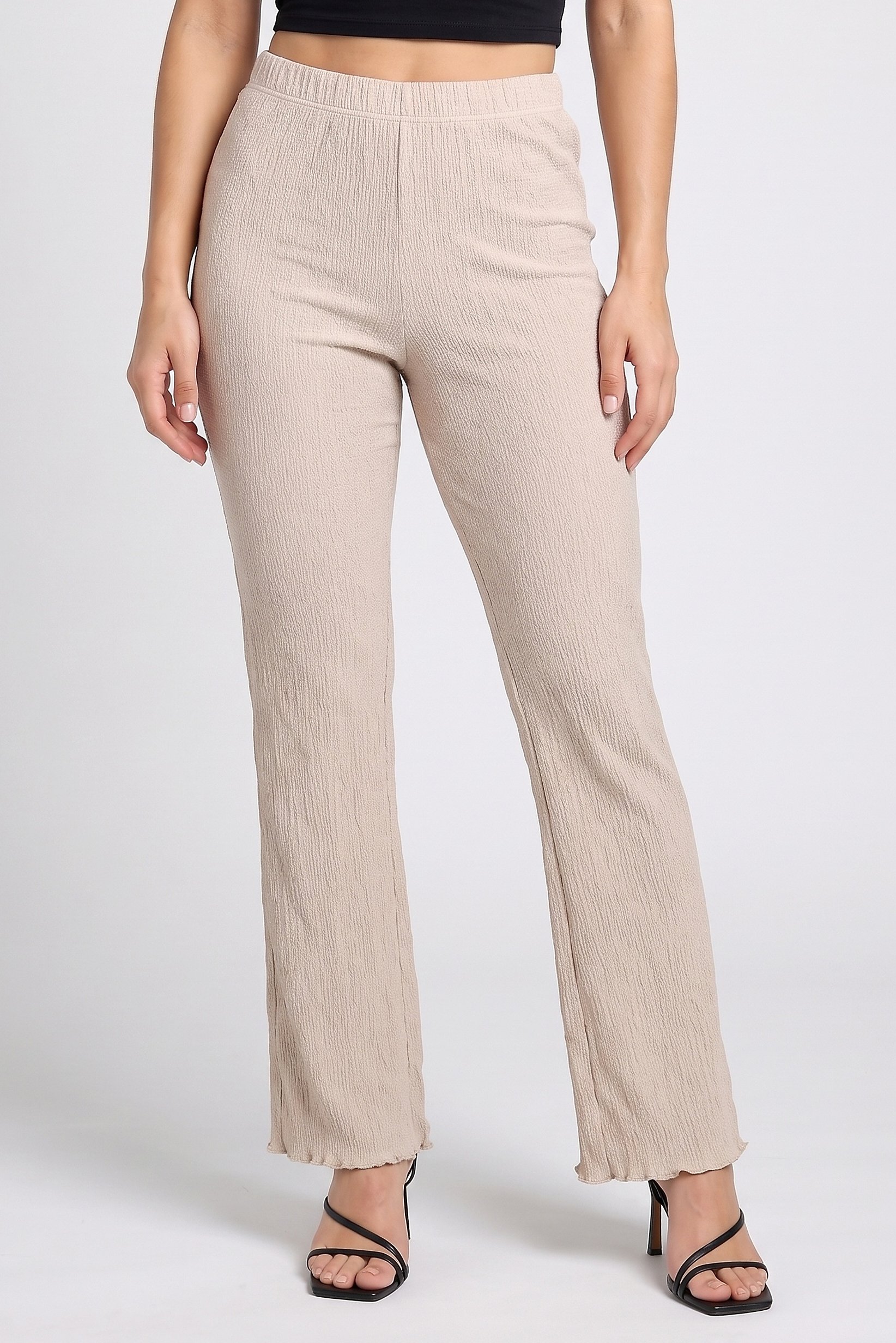 Women Regular Fit Textured Wide Leg Pants, Beige