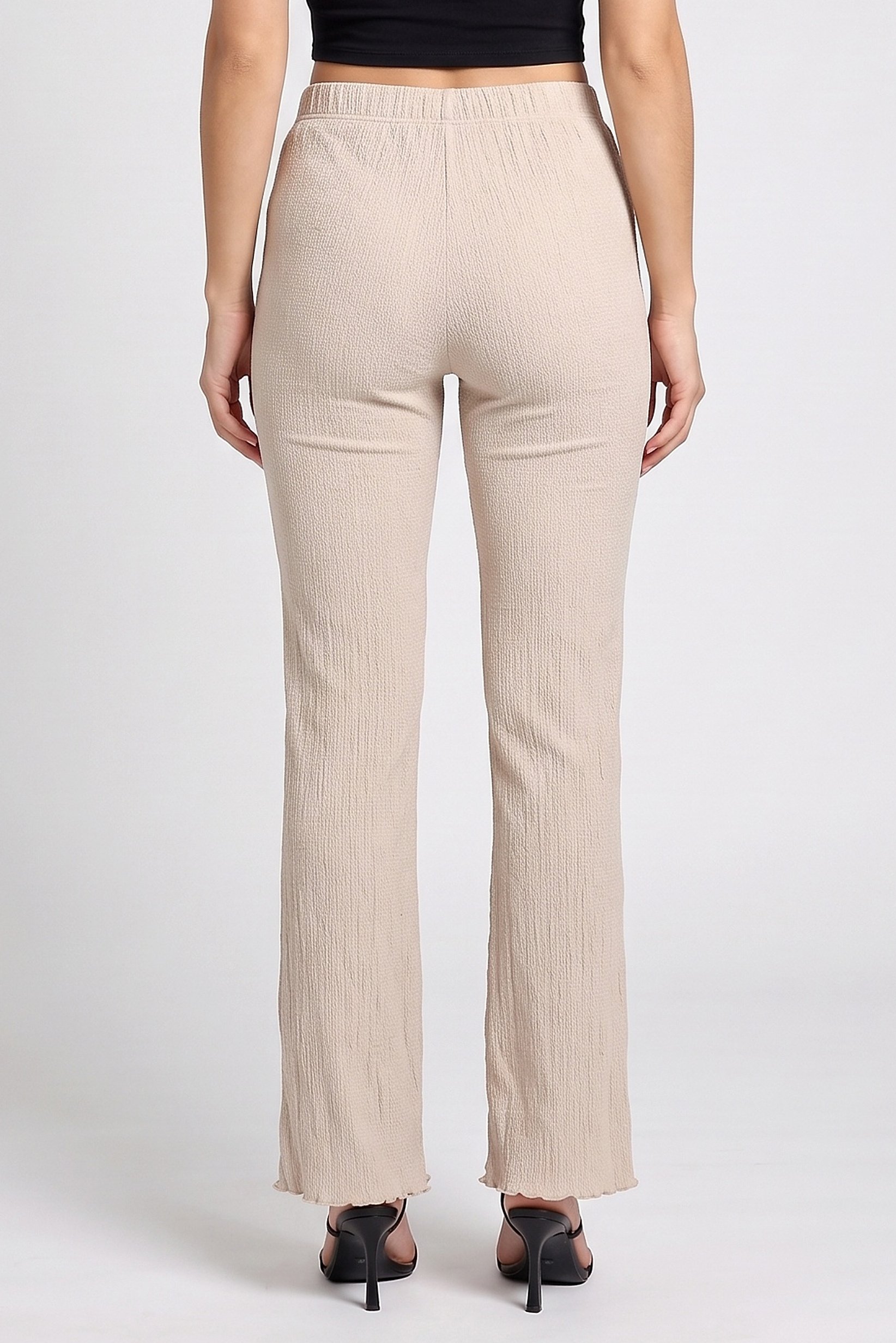 Women Regular Fit Textured Wide Leg Pants, Beige