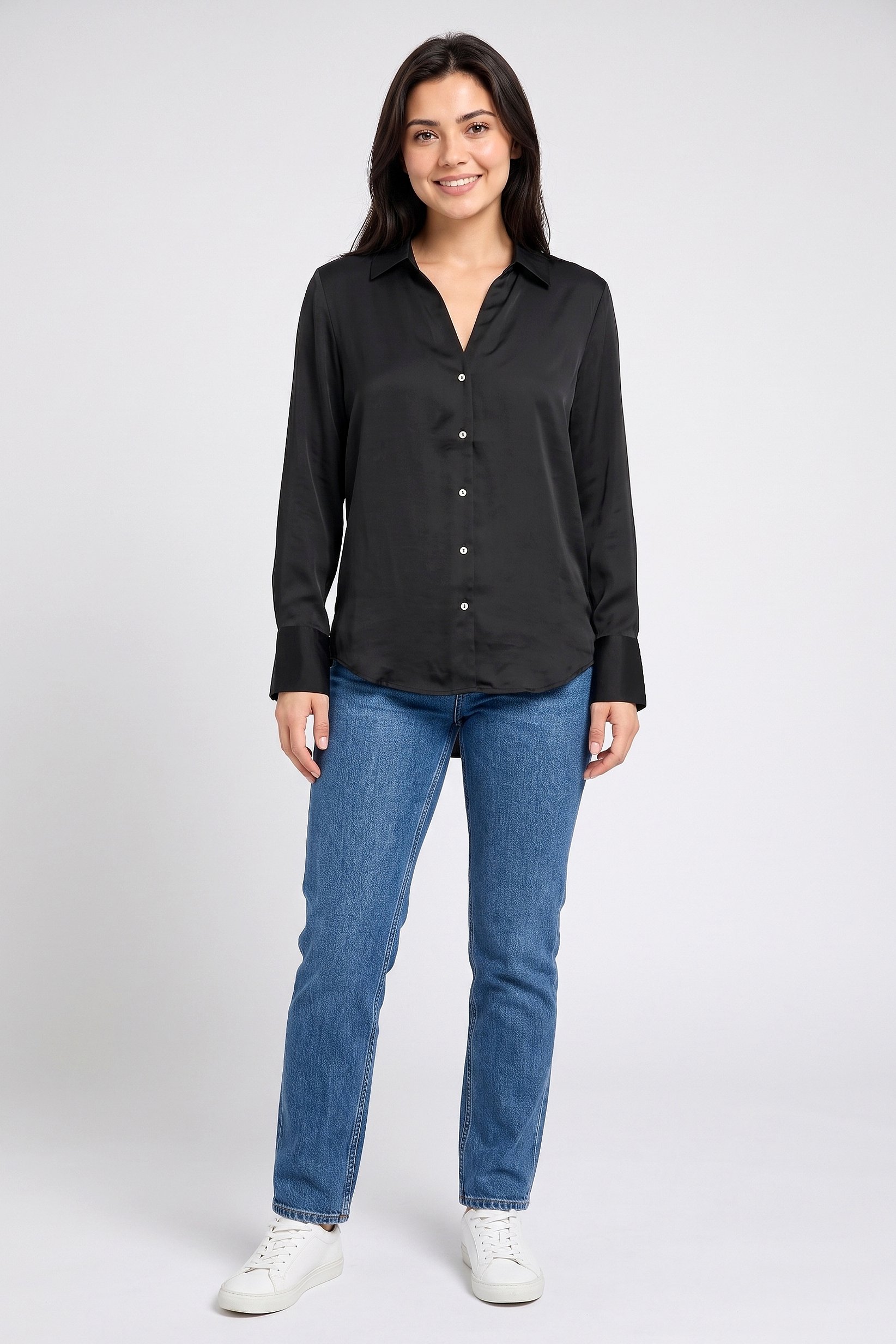 Women Spread Collar Long Sleeve Plain Shirt, Black