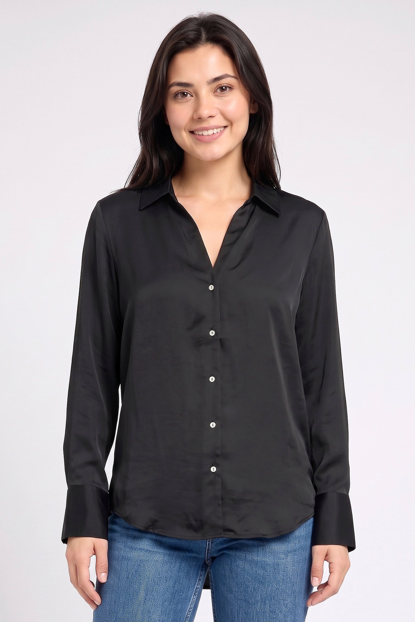 Women Spread Collar Long Sleeve Plain Shirt, Black