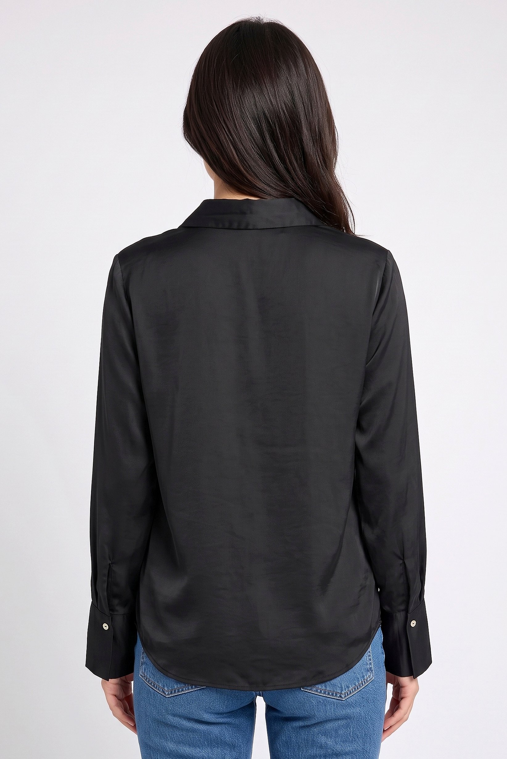 Women Spread Collar Long Sleeve Plain Shirt, Black