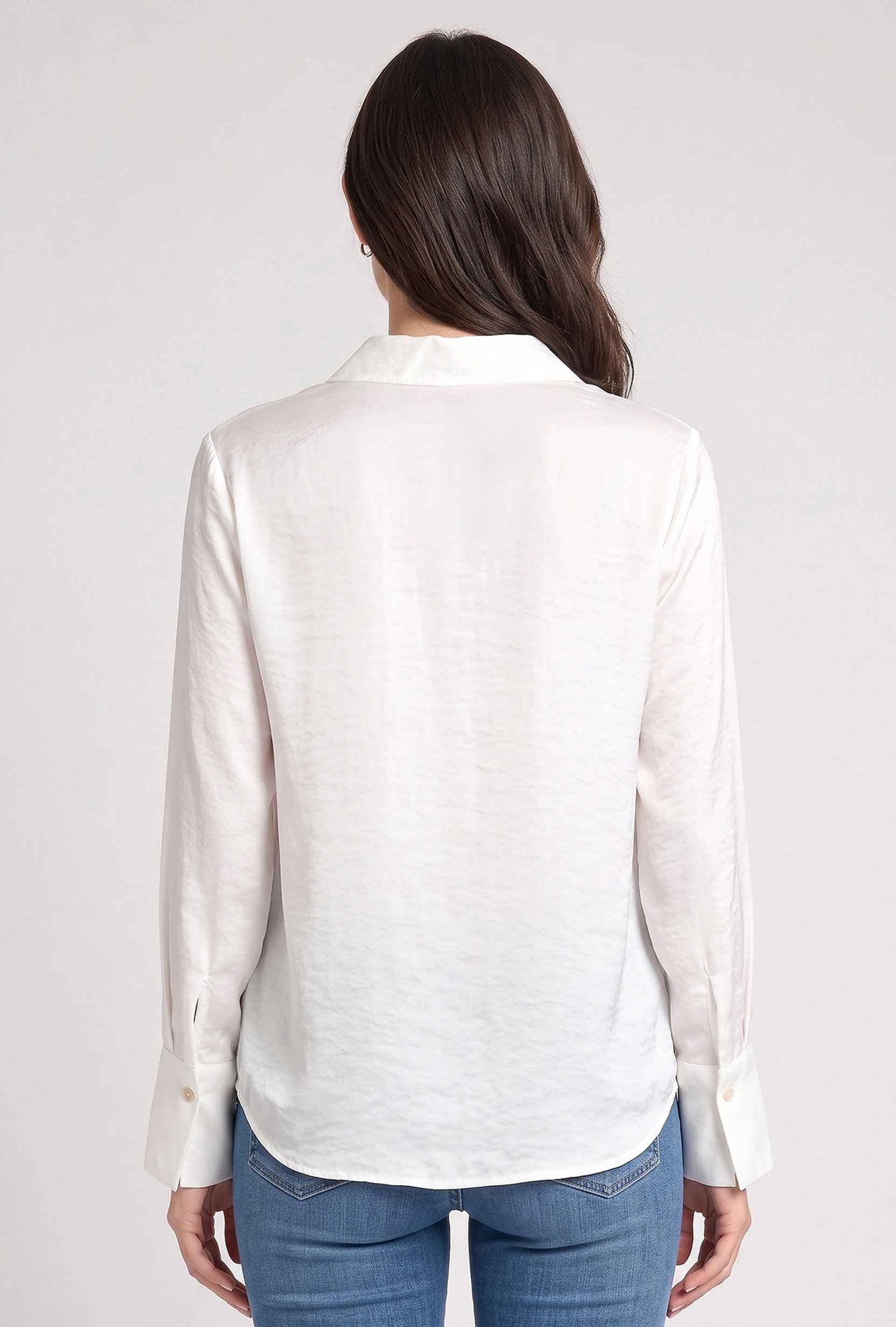 Women Spread Collar Long Sleeve Plain Shirt, White