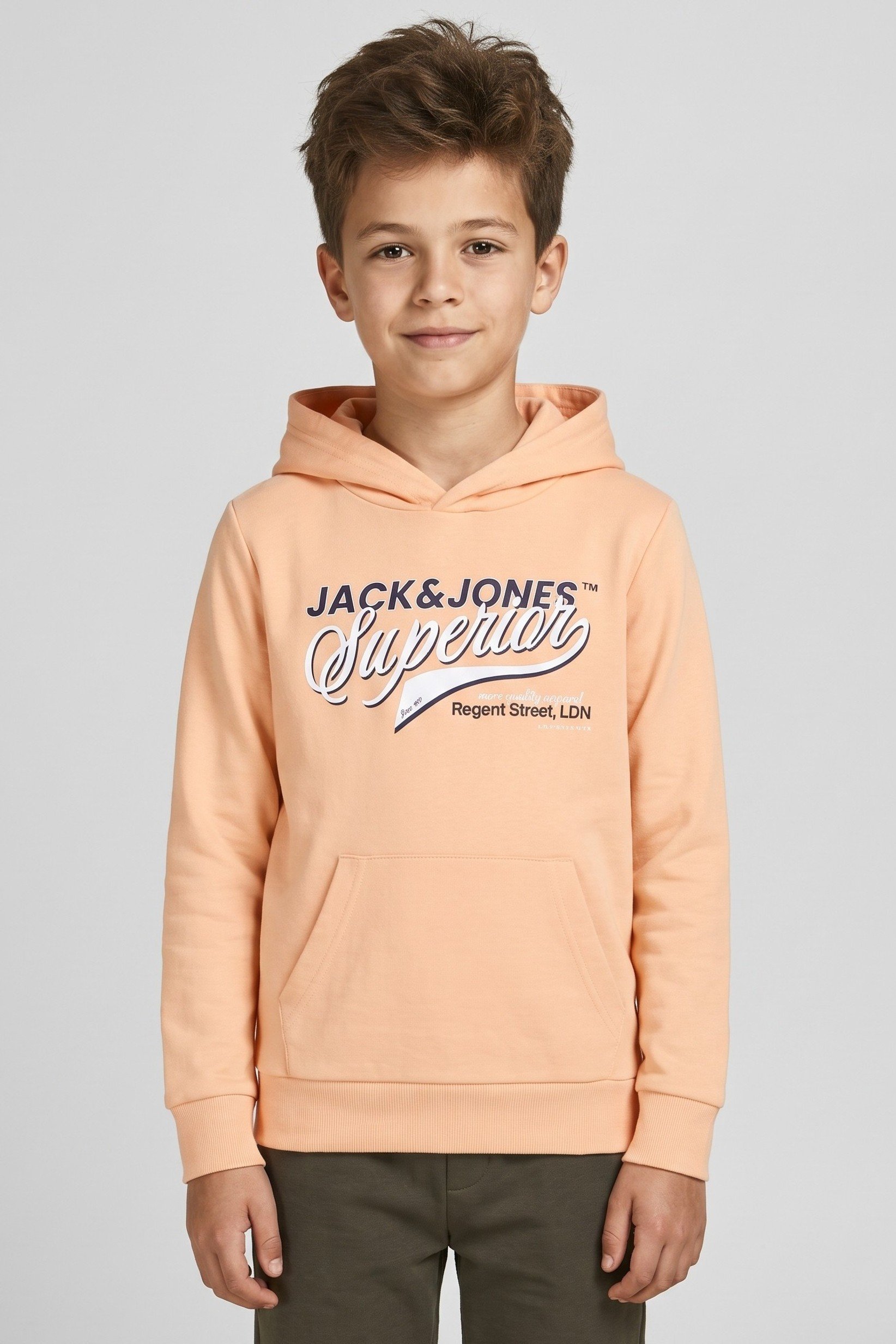 Kids Boy Brand Logo Long Sleeve Hoodie, Peach