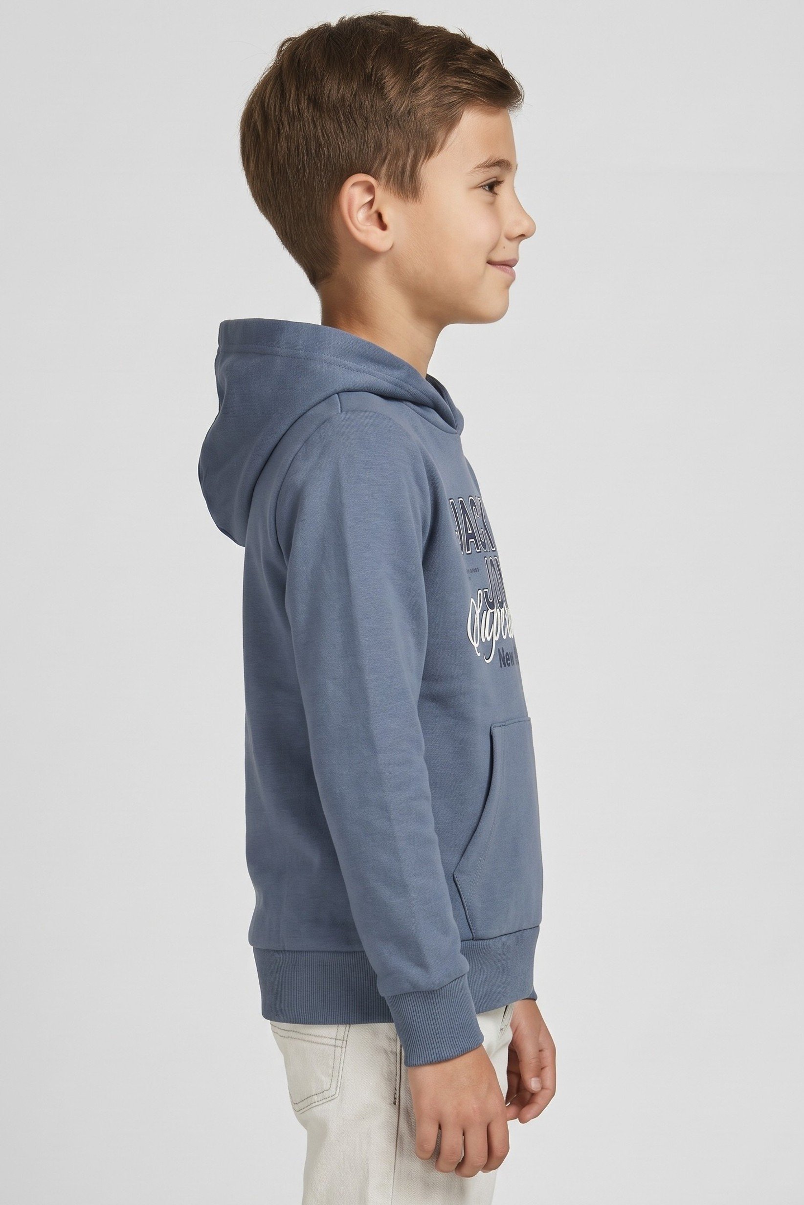 Kids Boy Graphic Print Long Sleeve Hoodie, Dusty Blue