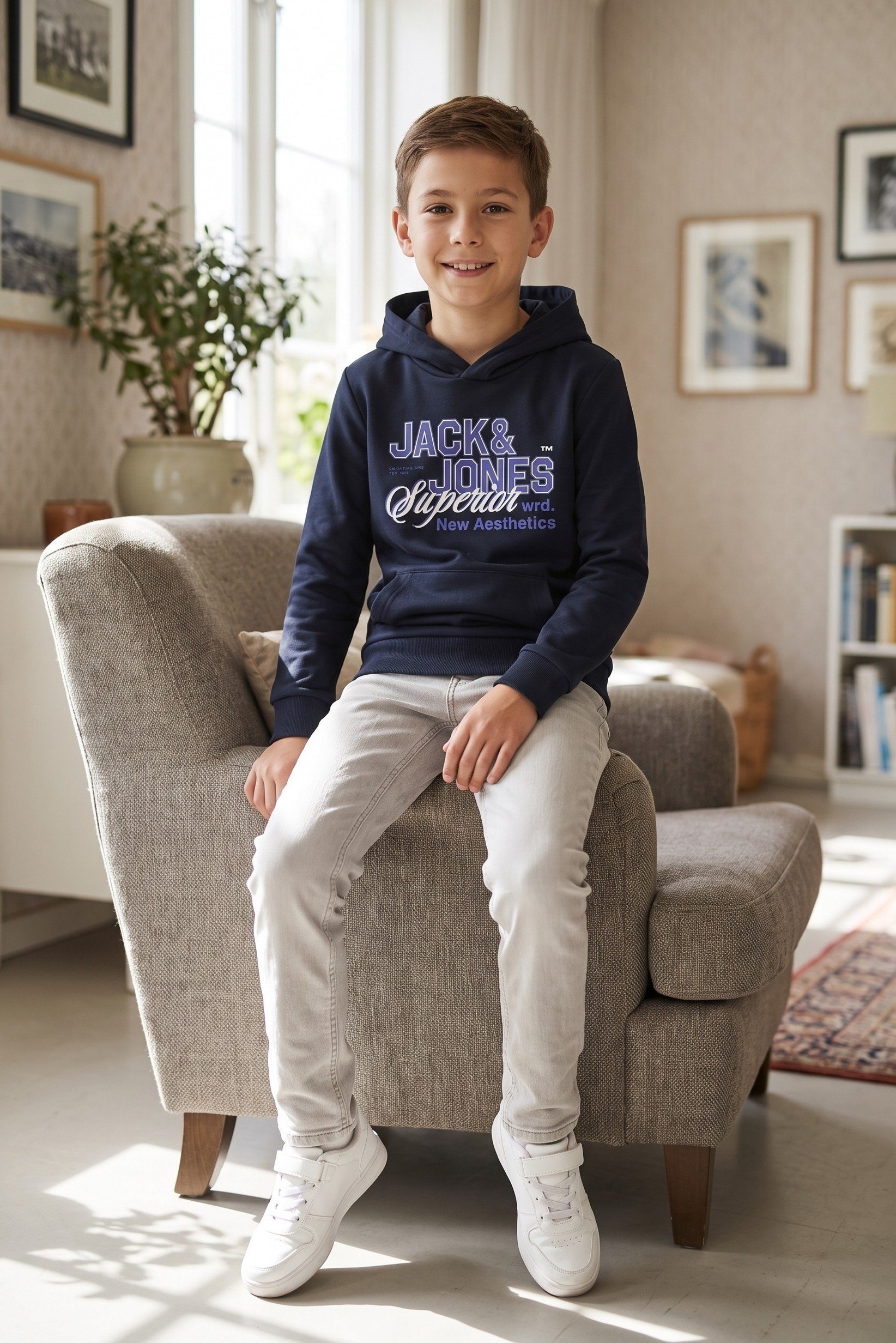 Kids Boy Graphic Print Long Sleeve Hoodie, Navy