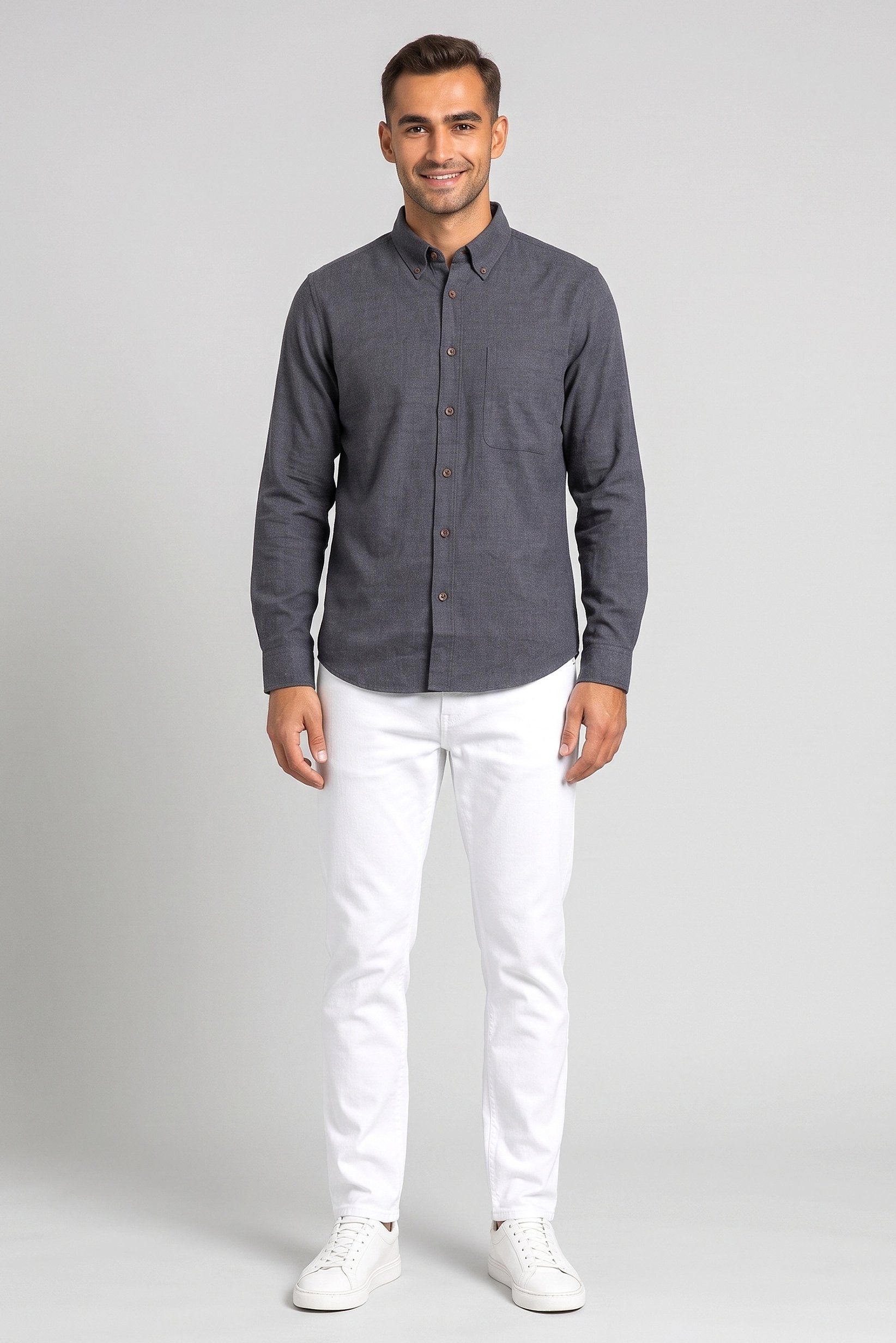 Men Regular Fit Plain Long Sleeve Casual Shirt, Dark Grey