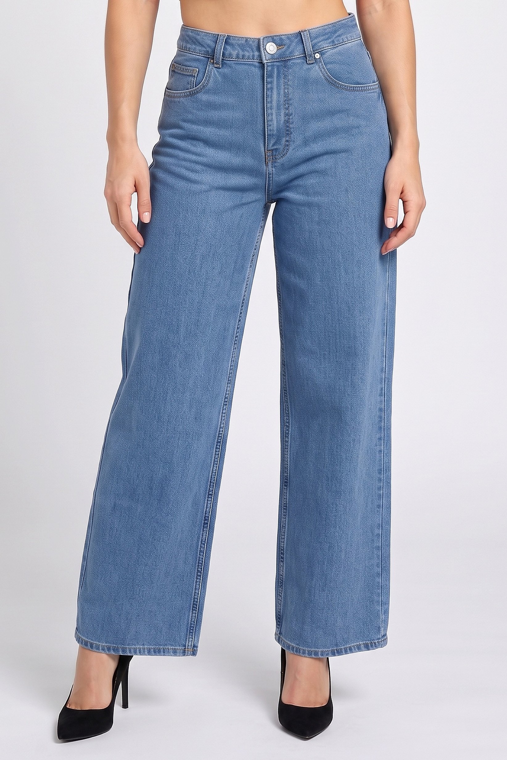 Women Regular Fit 32 Length Wide Leg Denim Jeans, Blue