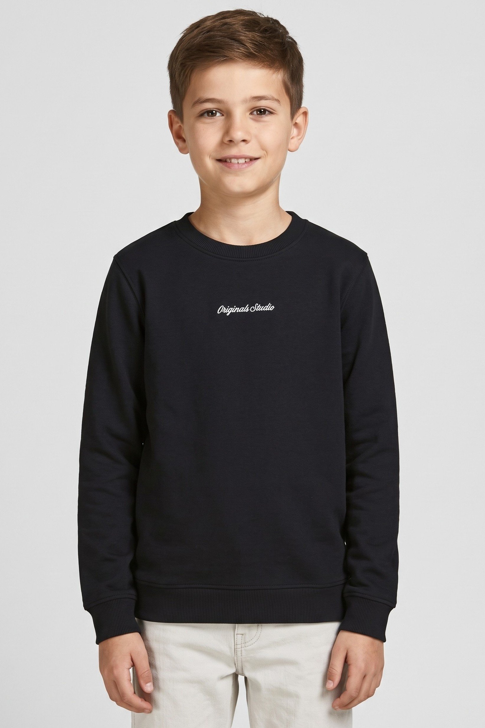 Kids Boy Crew Neck Embroidered Long Sleeve Sweatshirt, Black