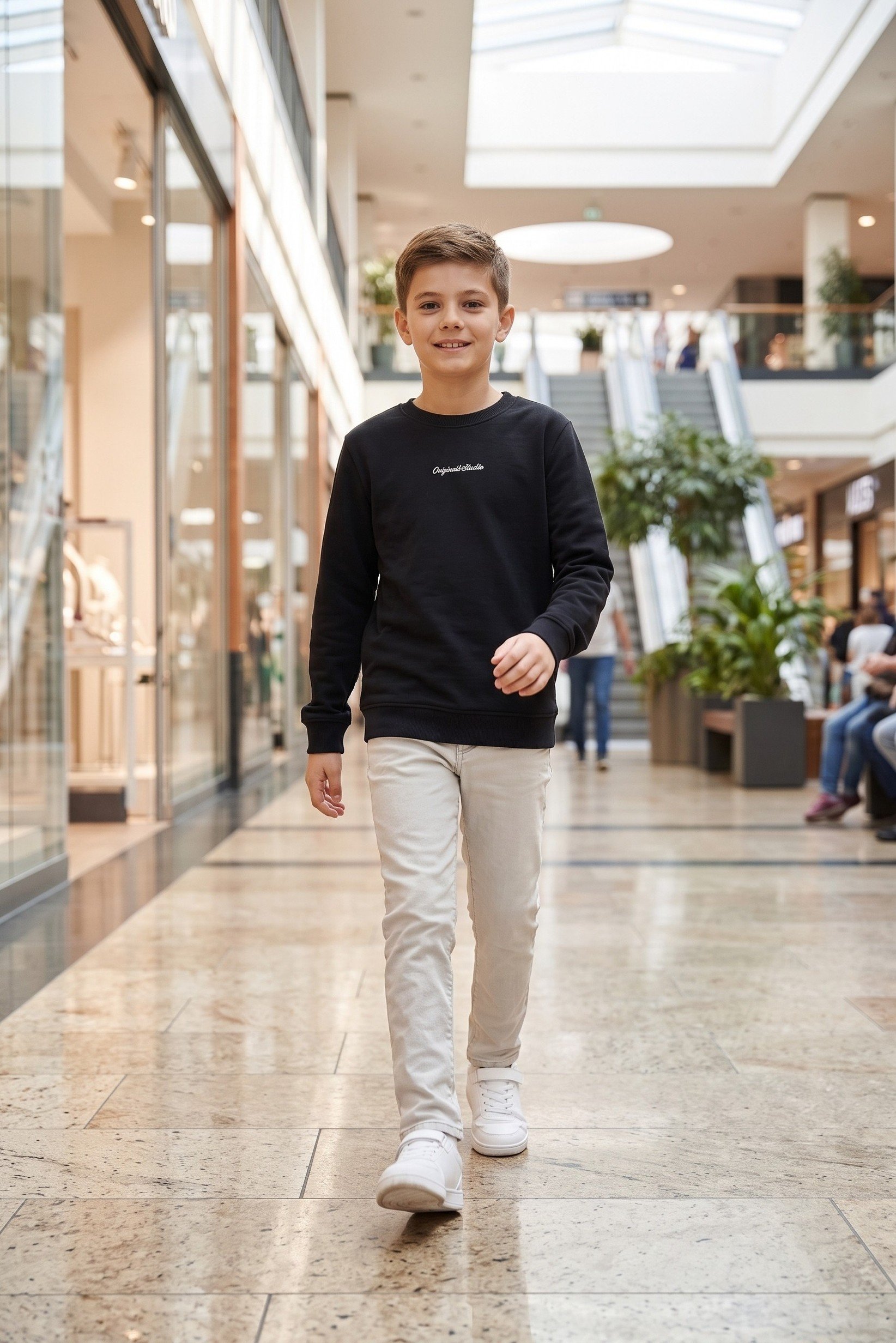 Kids Boy Crew Neck Embroidered Long Sleeve Sweatshirt, Black