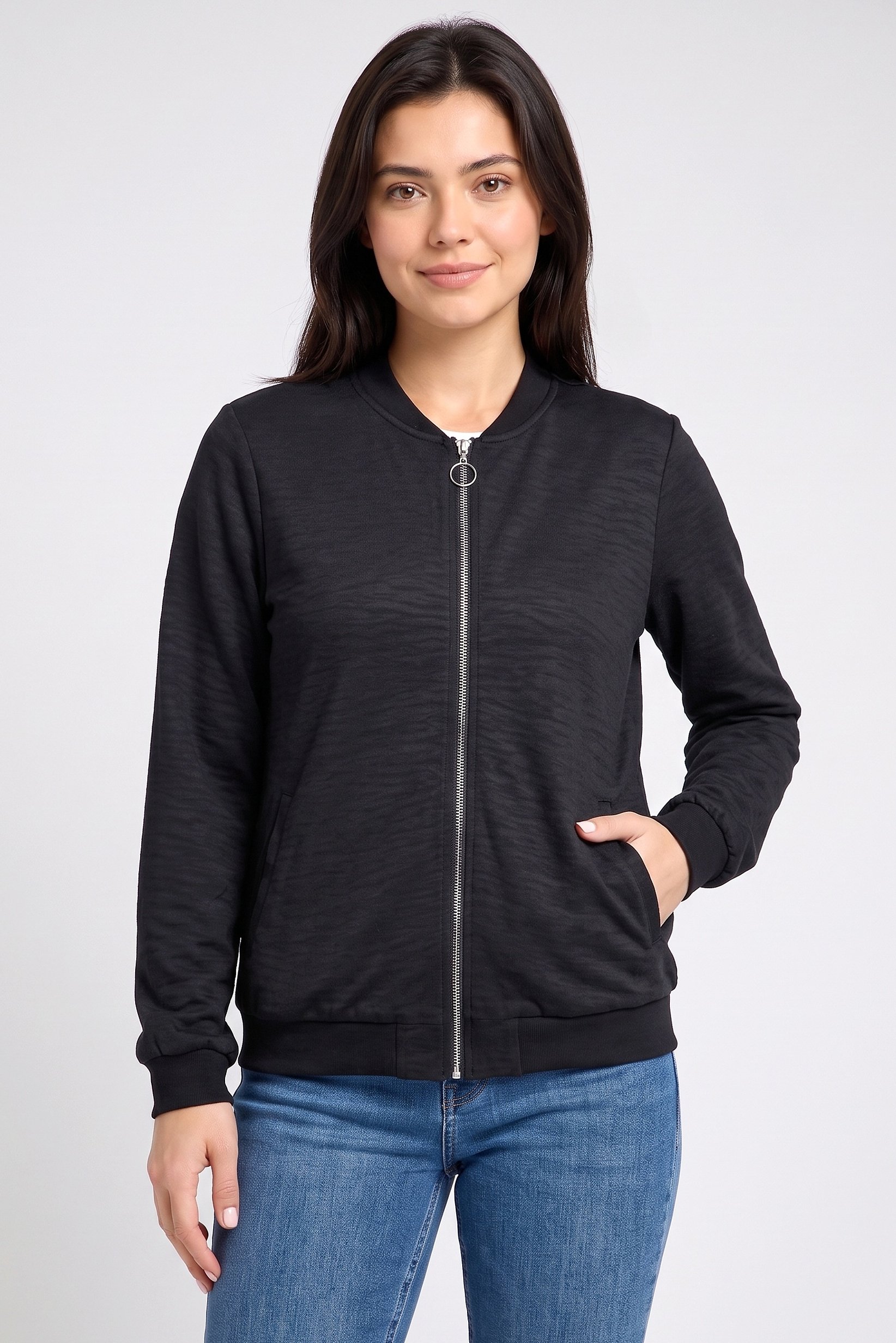 Women Solid Full Zip Jacket Shirt, Black