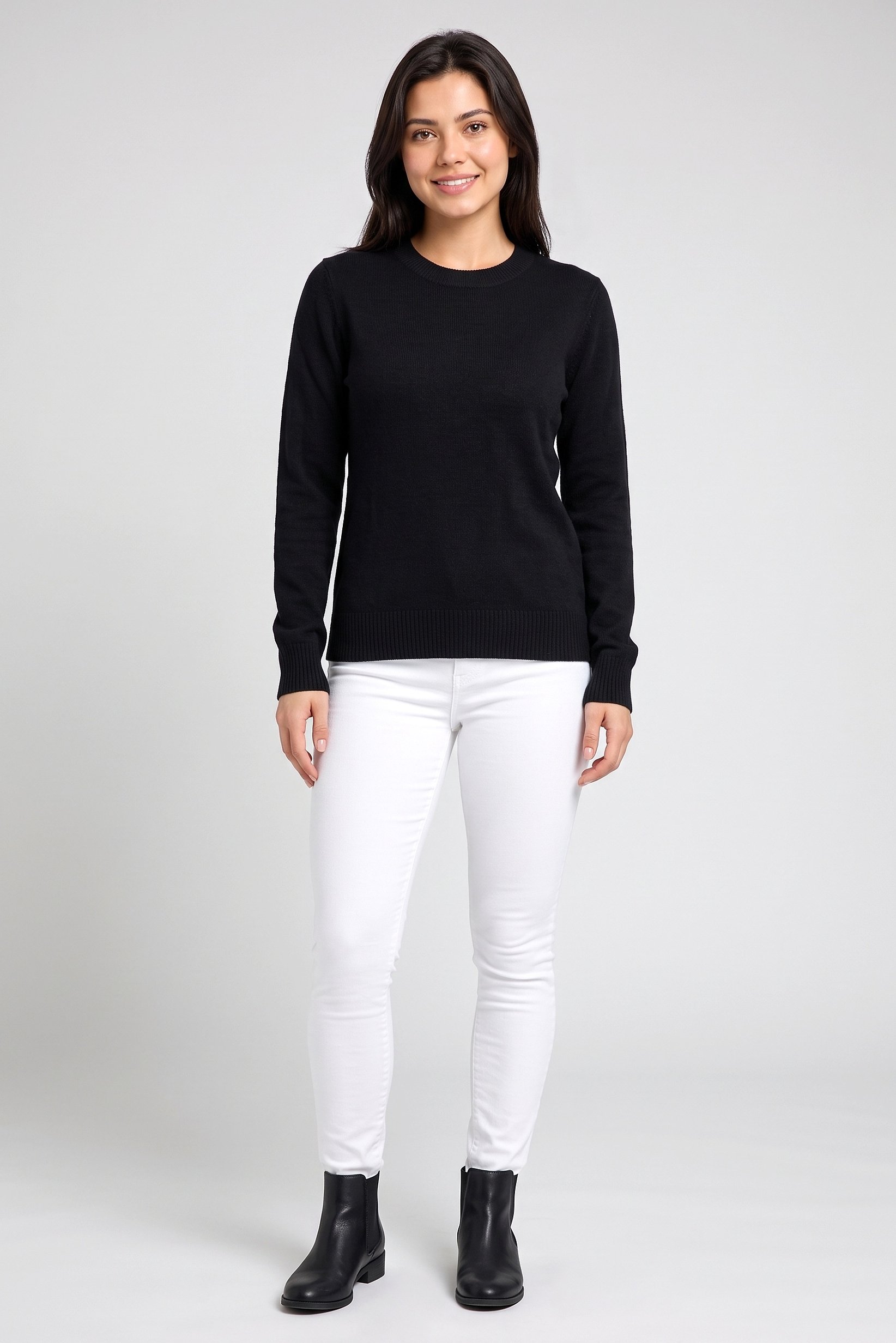 Women Crew Neck Knitted Sweater, Black