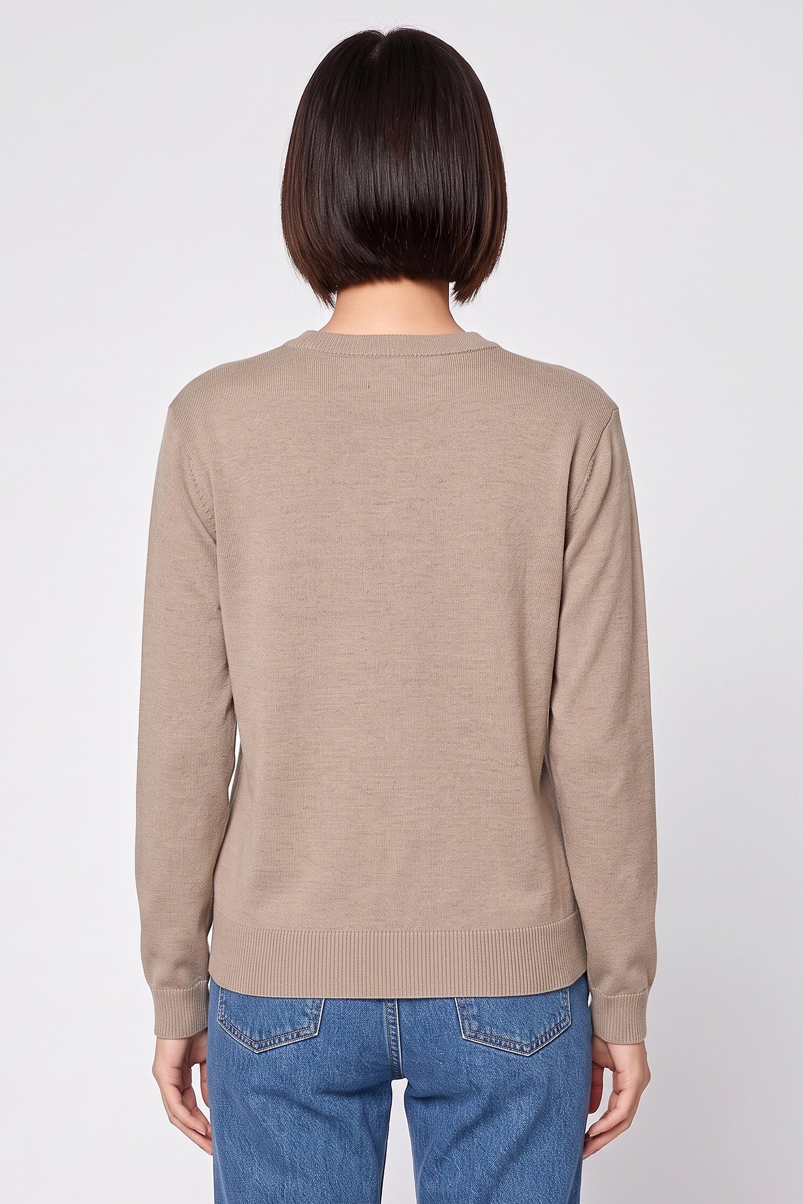 Women Crew Neck Knitted Cardigan, Tan