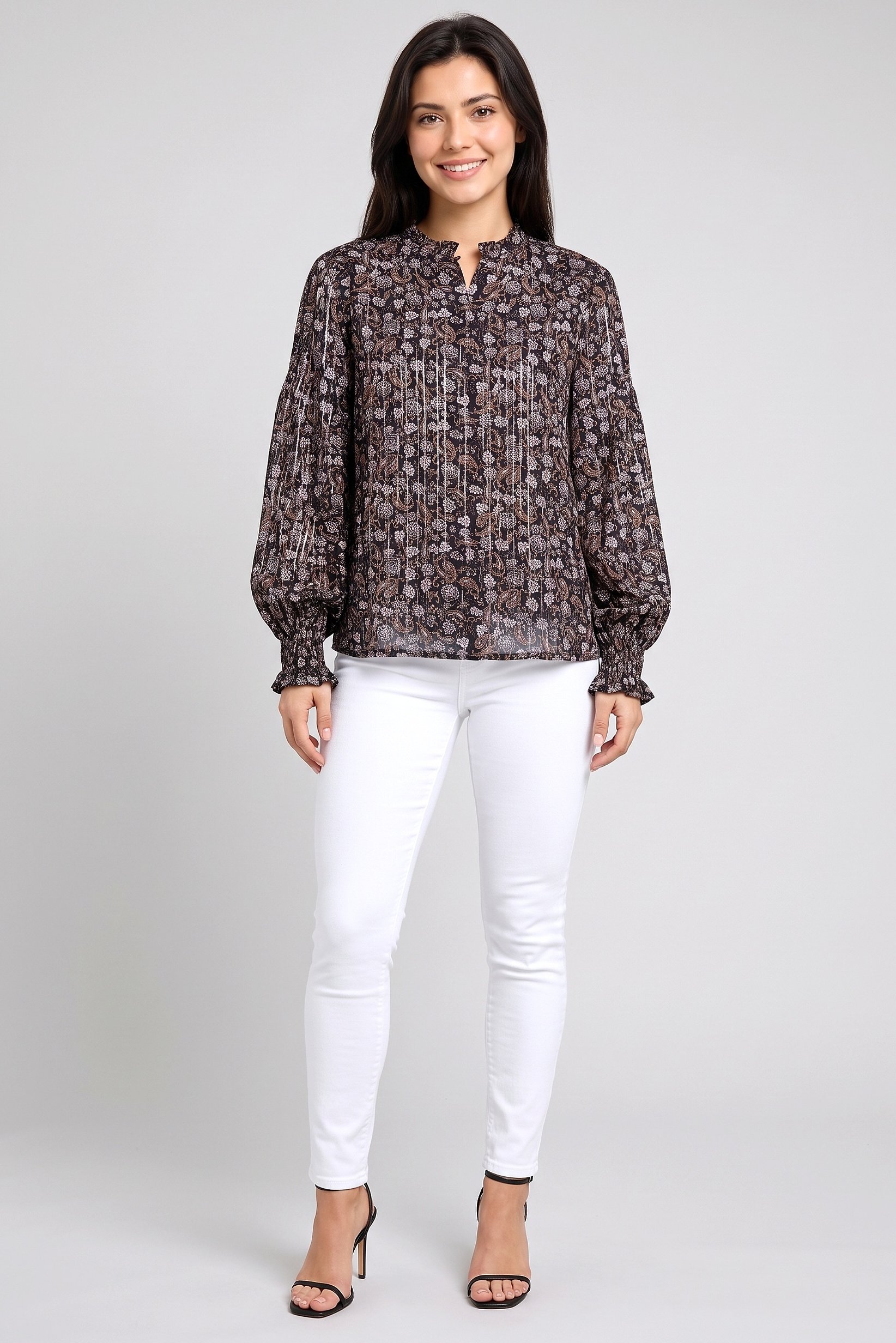 Women Ruffle Neck Floral Print Long Sleeve Blouse, Multicolor