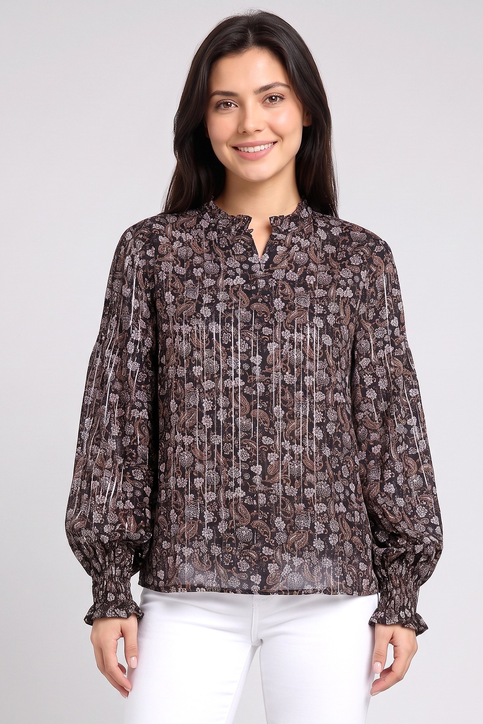 Women Ruffle Neck Floral Print Long Sleeve Blouse, Multicolor