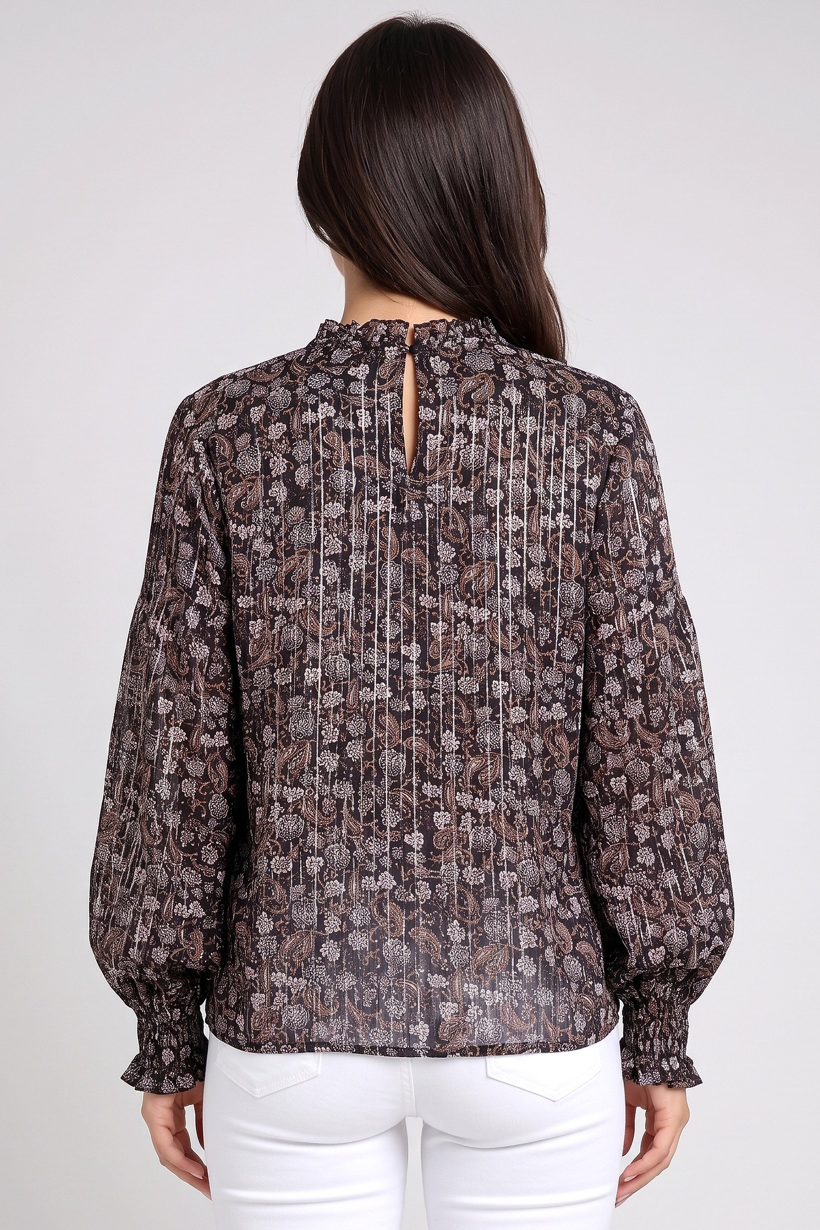 Women Ruffle Neck Floral Print Long Sleeve Blouse, Multicolor
