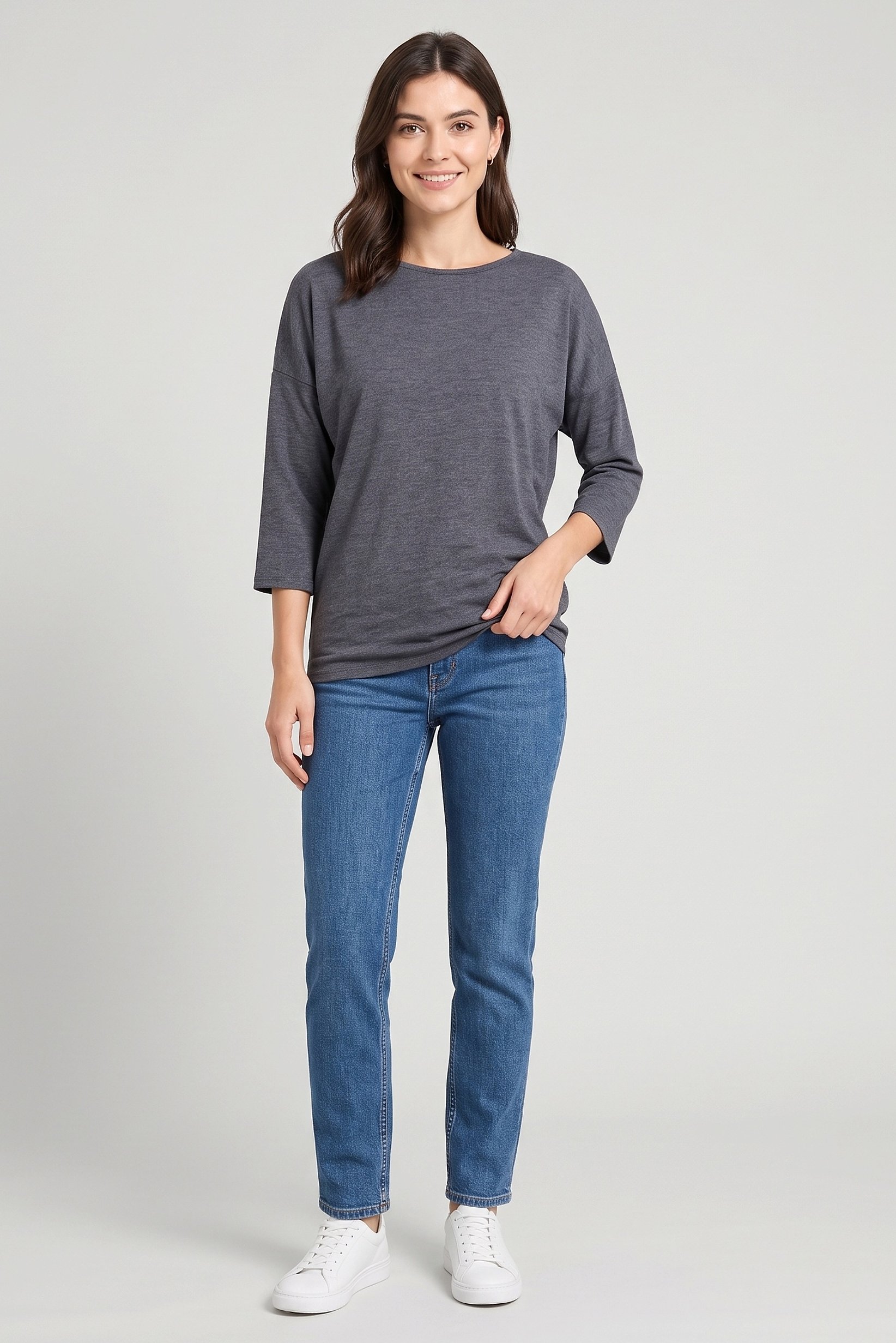 Women Round Neck 3/4 Sleeve Solid Top, Grey