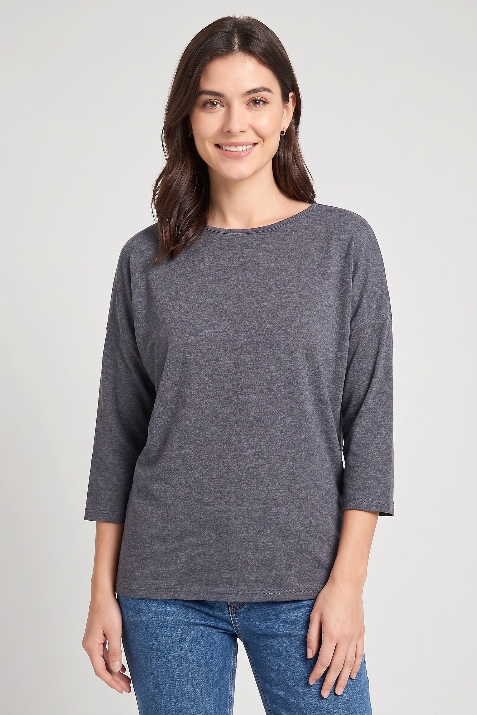 Women Round Neck 3/4 Sleeve Solid Top, Grey