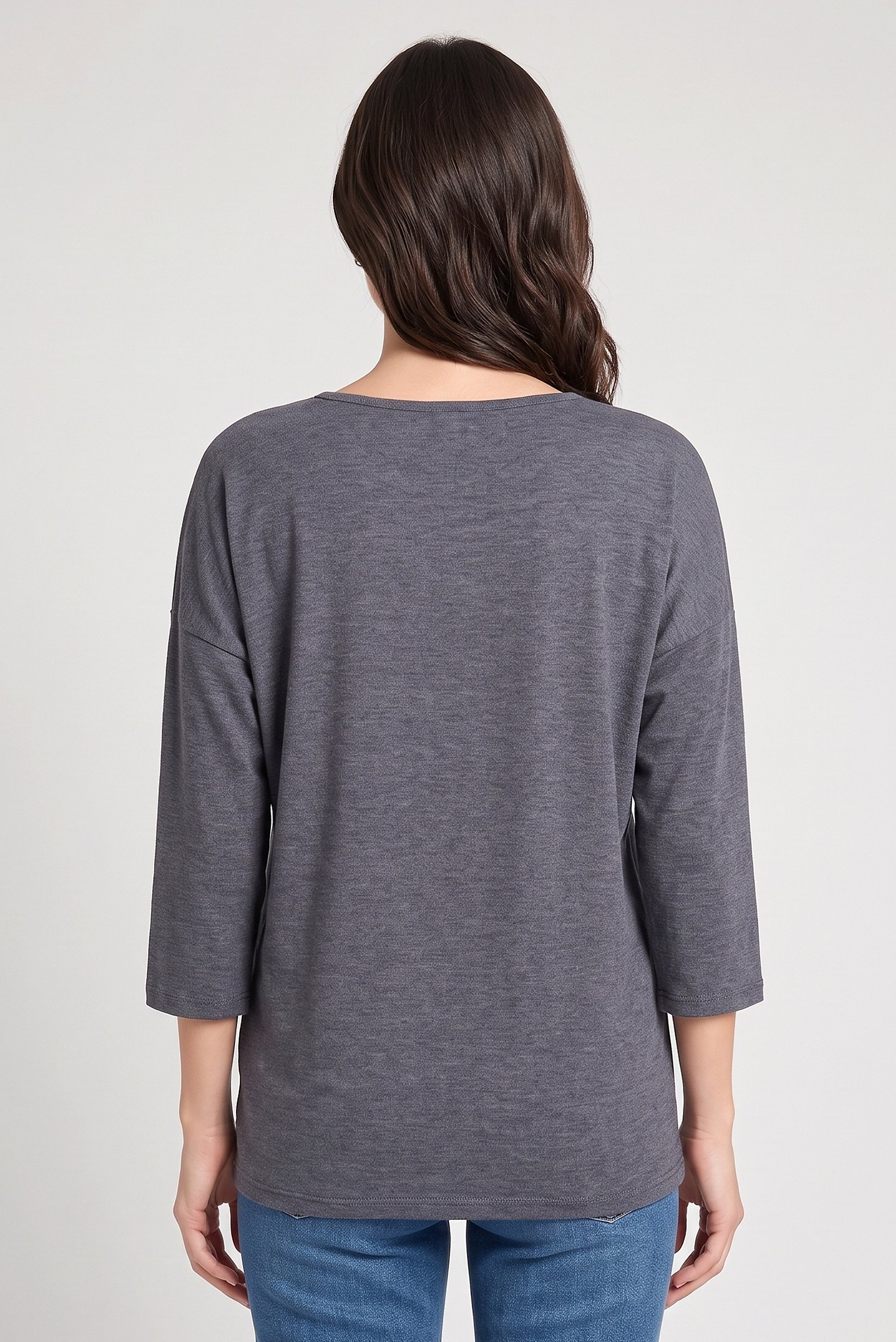 Women Round Neck 3/4 Sleeve Solid Top, Grey