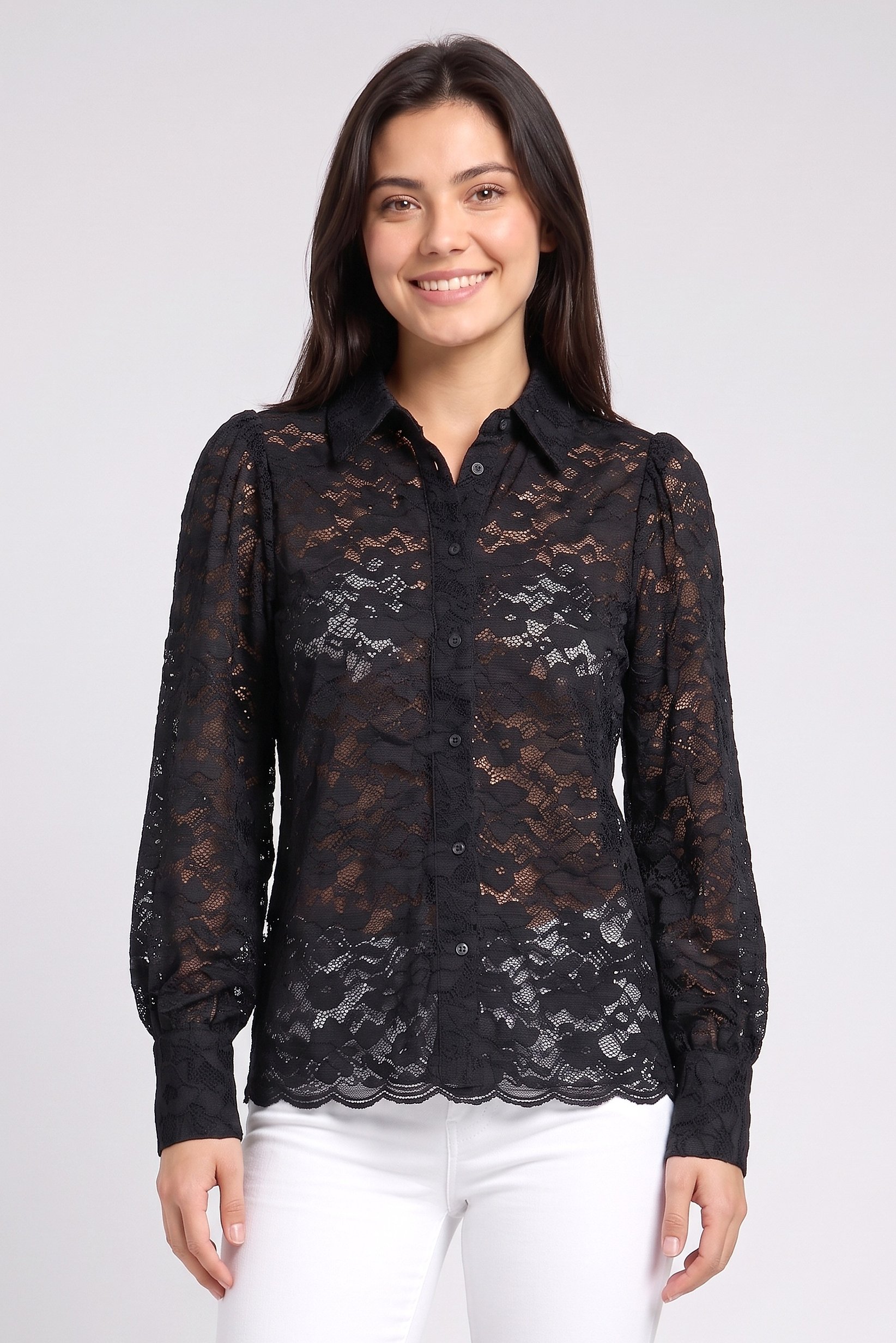 Women Regular Fit Eyelet Long Sleeve Shirt, Black