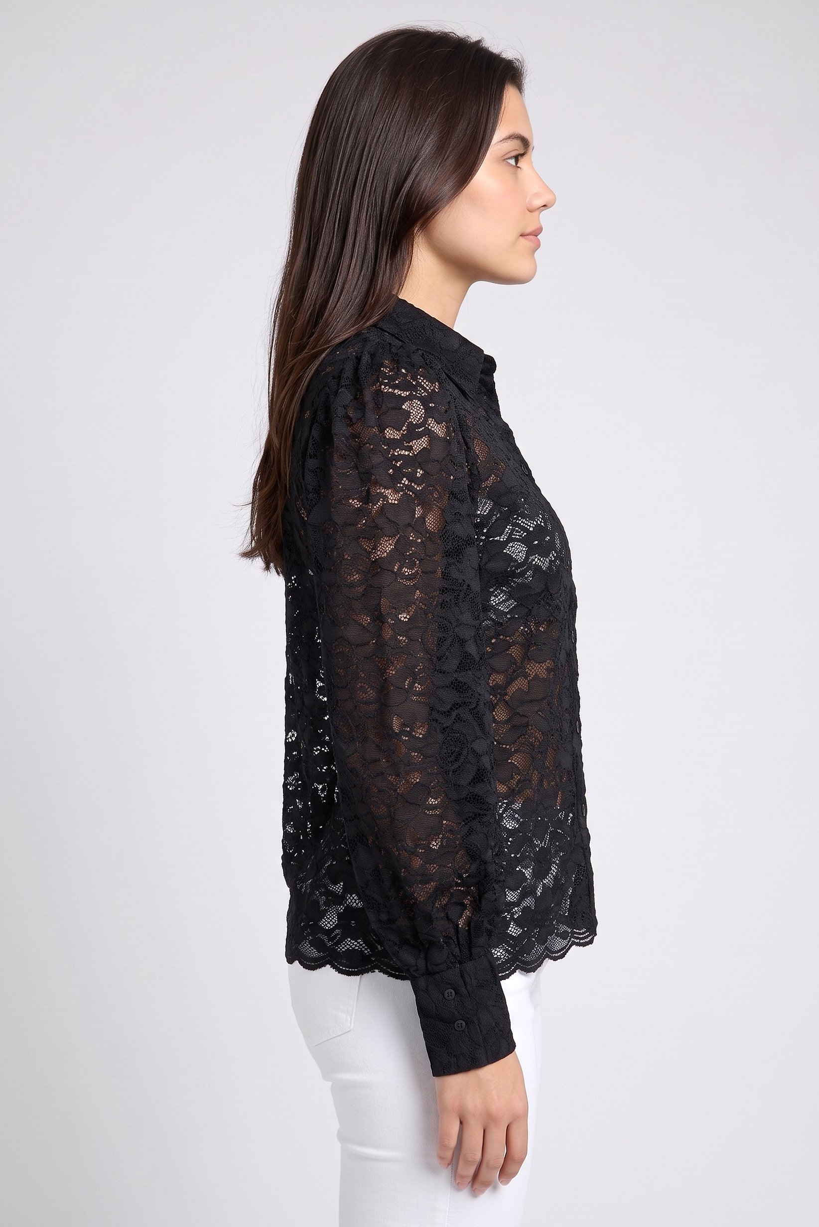 Women Regular Fit Eyelet Long Sleeve Shirt, Black