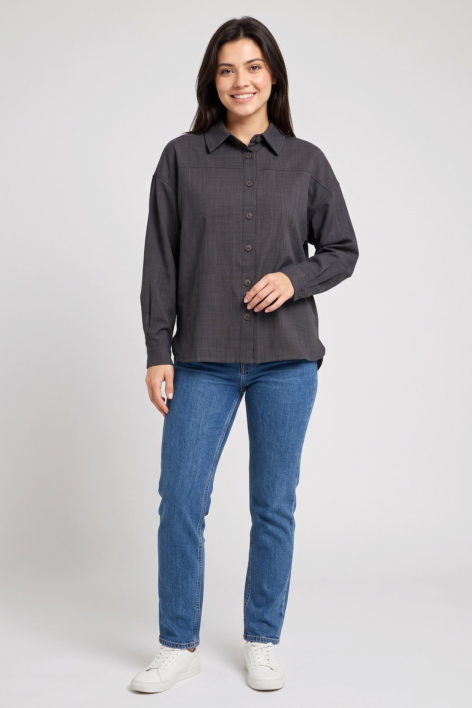 Women Spread Collar Textured Long Sleeve Shirt, Dark Grey