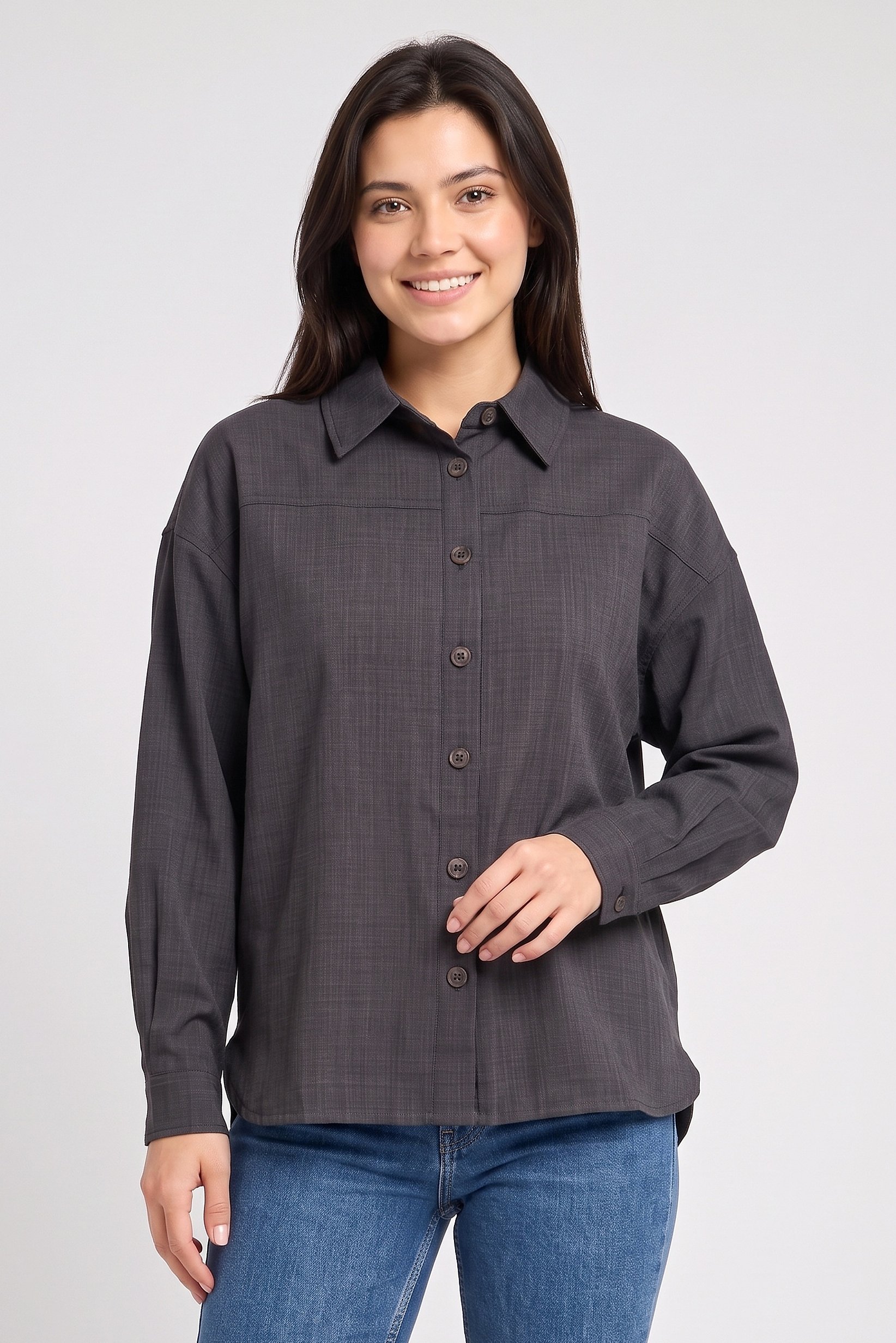 Women Spread Collar Textured Long Sleeve Shirt, Dark Grey