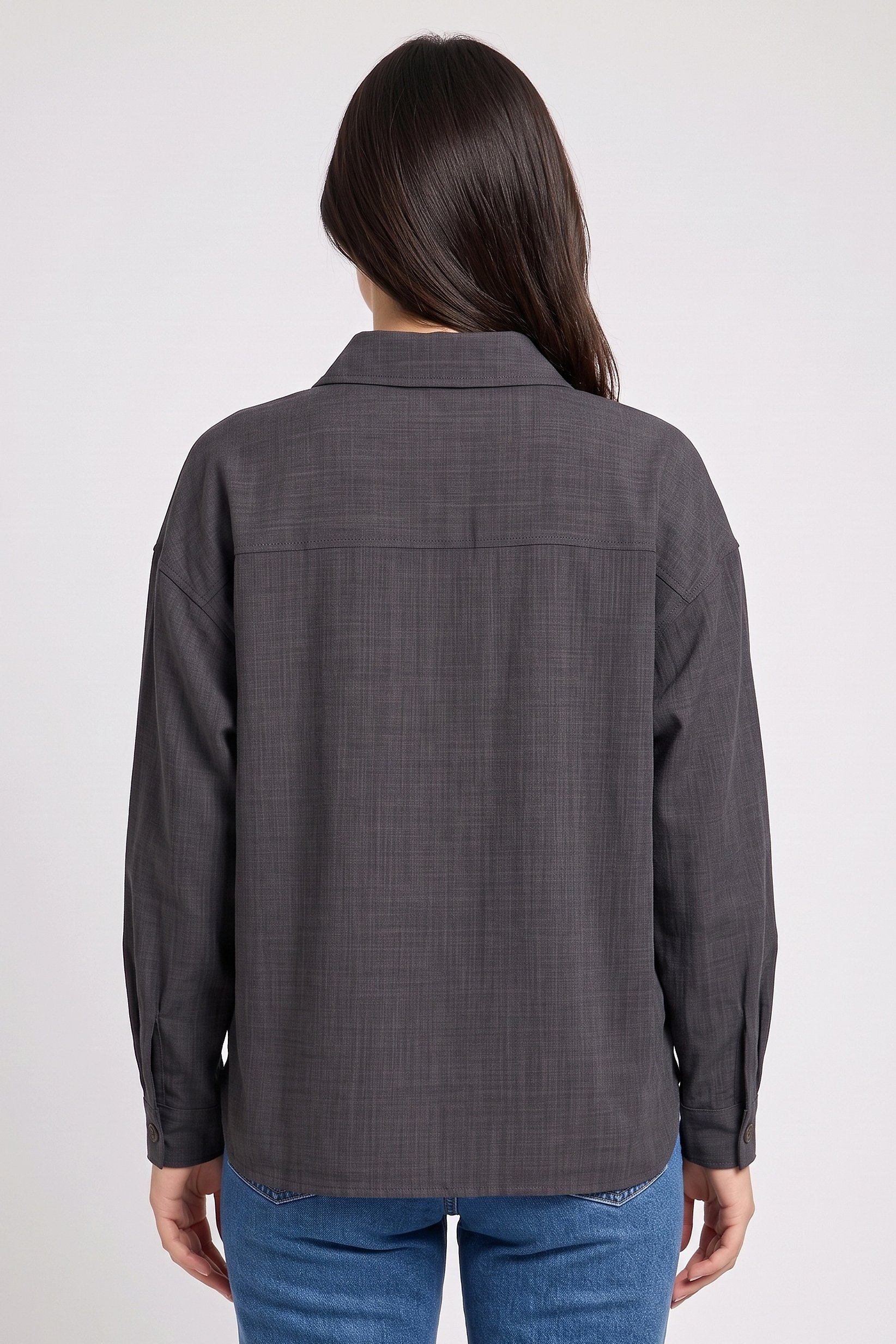 Women Spread Collar Textured Long Sleeve Shirt, Dark Grey