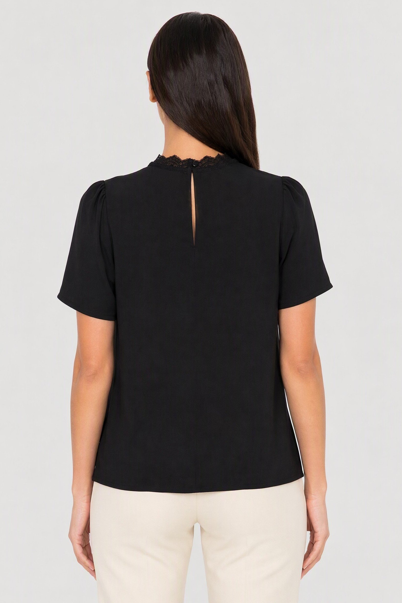 Women Scalloped Neck Lace Details Short Sleeve Blouse, Black