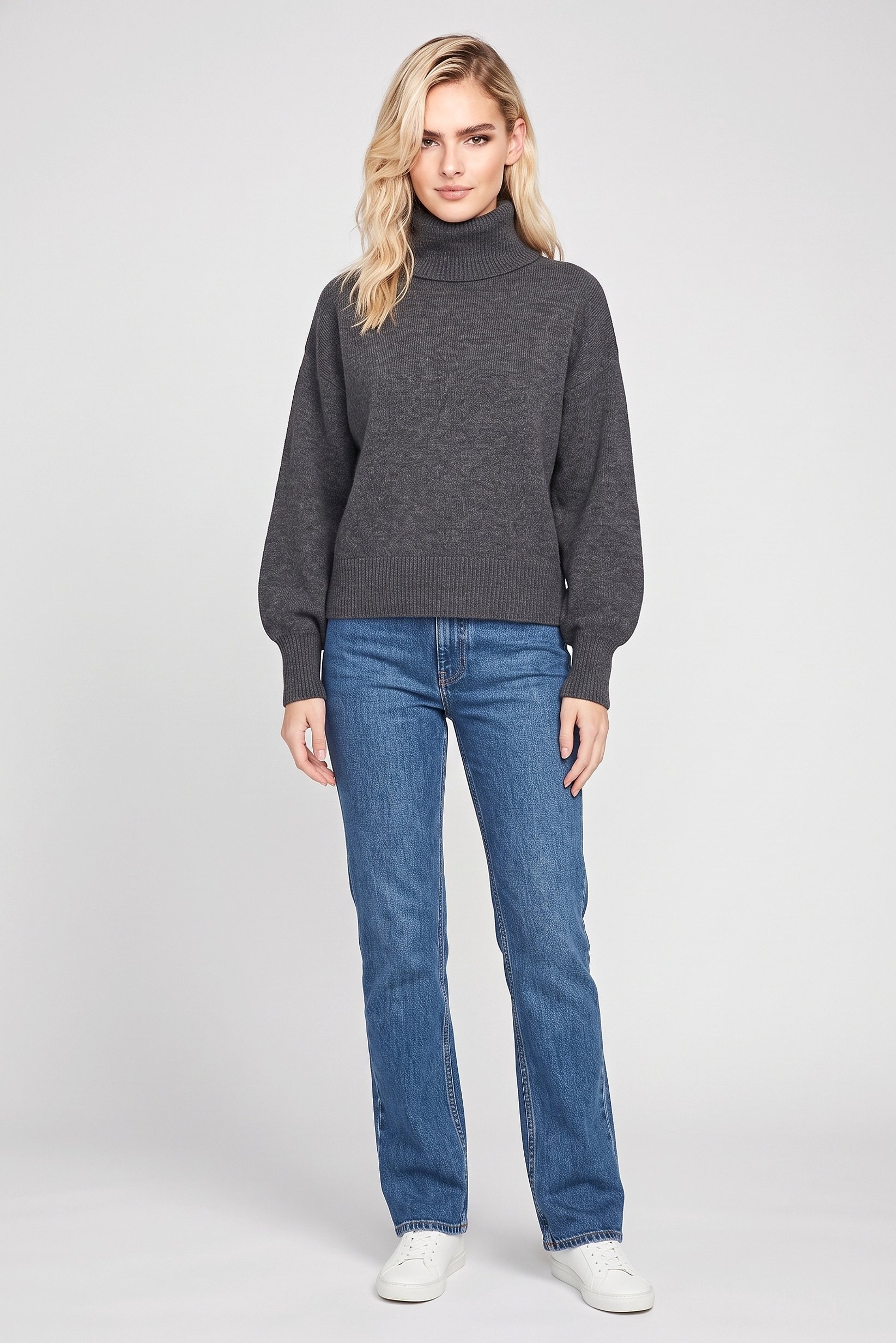 Women Turtle Neck Knitted Sweater, Grey