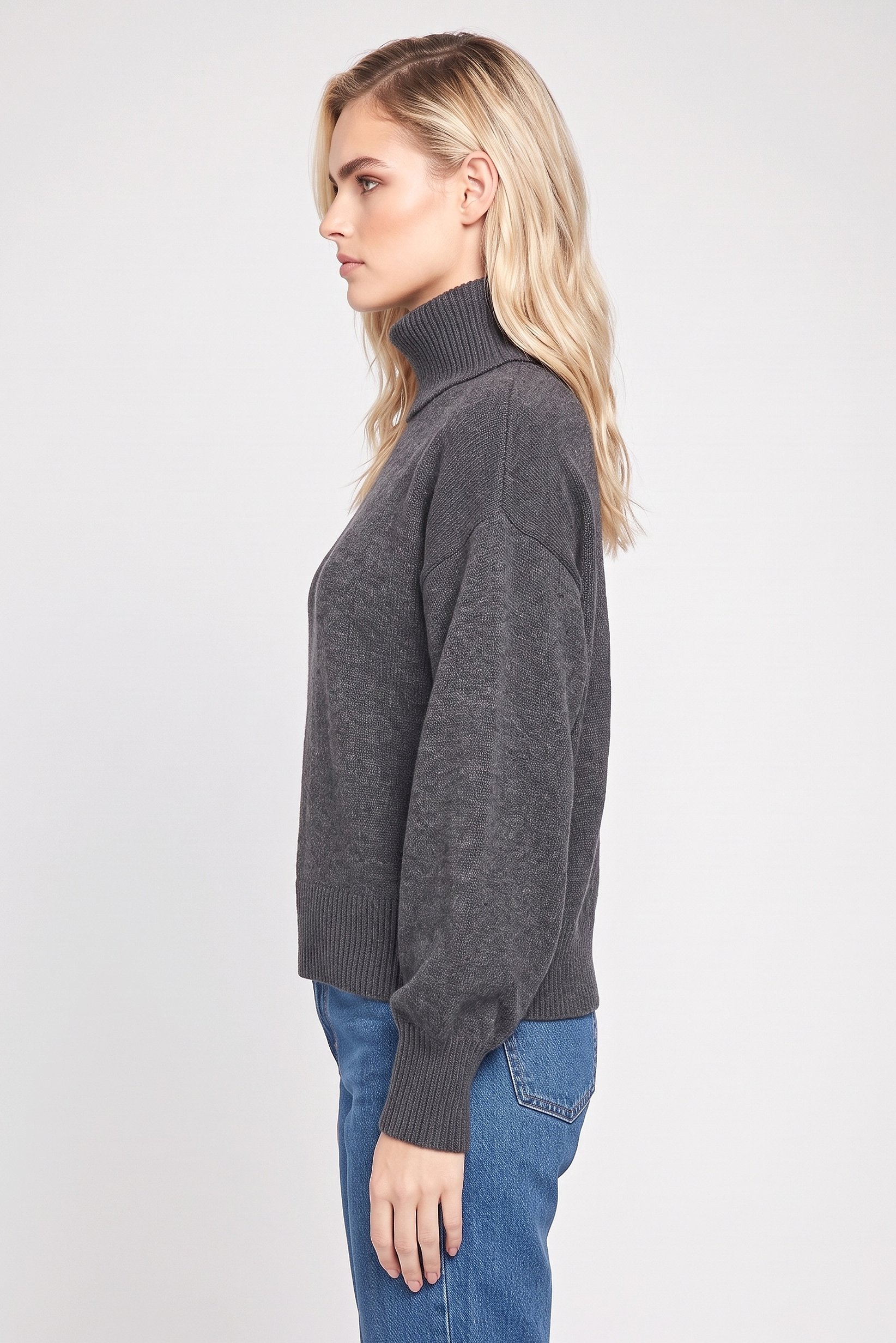 Women Turtle Neck Knitted Sweater, Grey