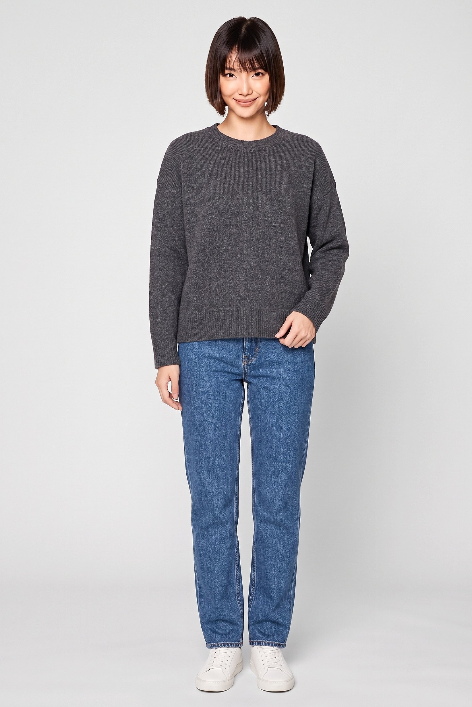 Women Crew Neck Knitted Sweater, Dark Grey