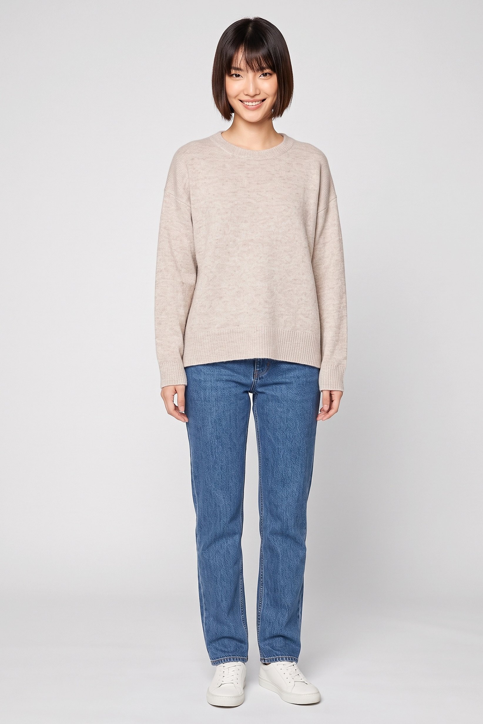 Women Crew Neck Knitted Sweater, Beige